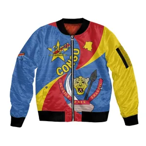 Congo-Kinshasa Independence Day Sleeve Zip Bomber Jacket Coat Of Arms - African Pattern LT15