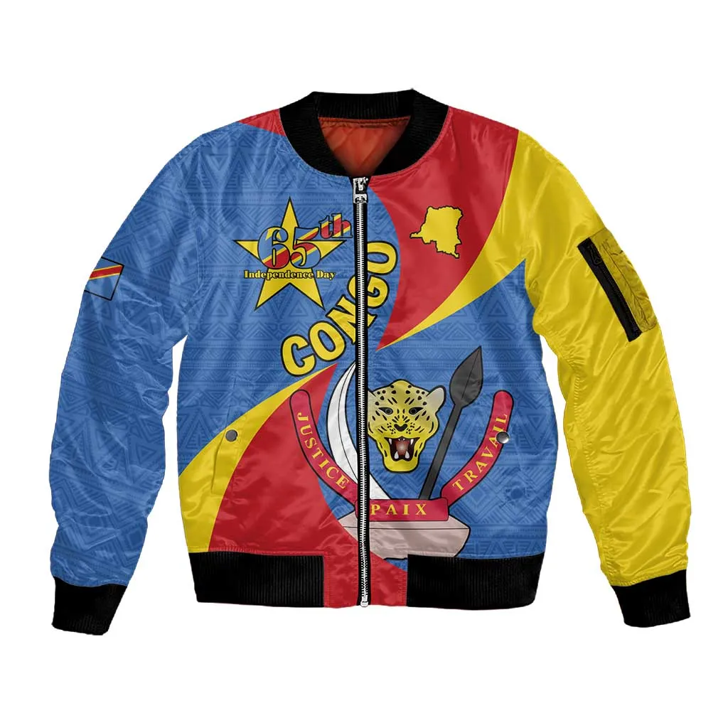 Congo-Kinshasa Independence Day Sleeve Zip Bomber Jacket Coat Of Arms - African Pattern LT15
