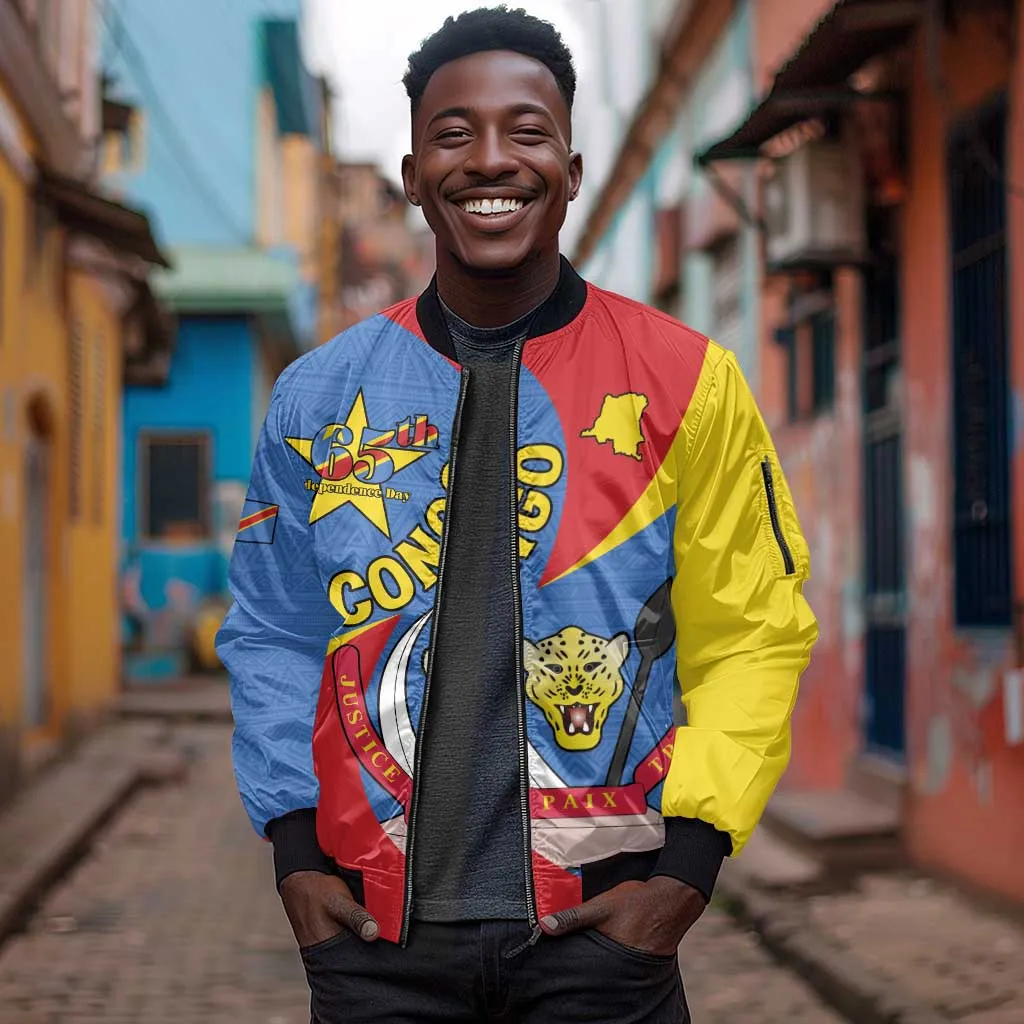 Congo-Kinshasa Independence Day Sleeve Zip Bomber Jacket Coat Of Arms - African Pattern LT15