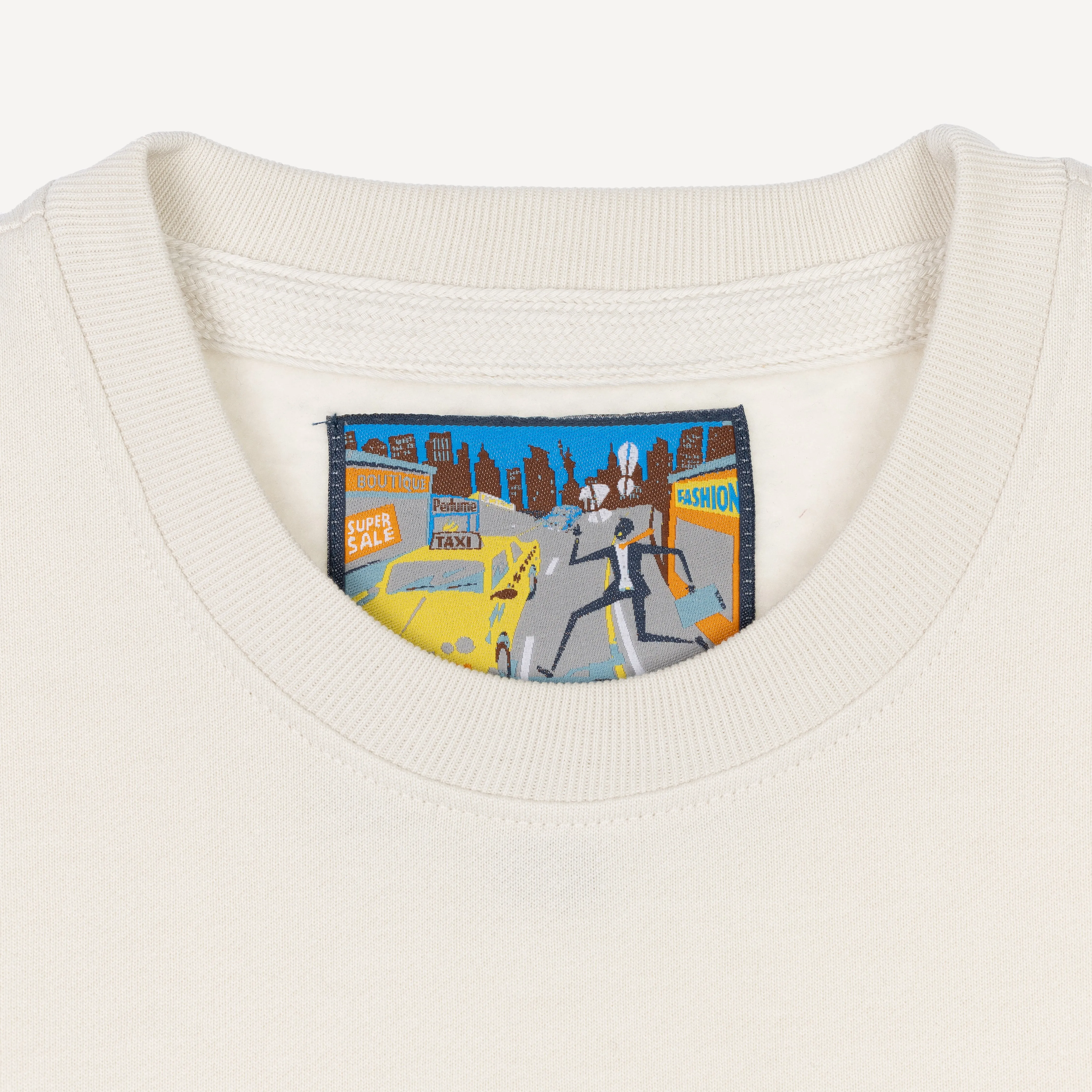 Crewneck Pullover Sweatshirt with Embroidered Icon - White Onyx / Tako Tuesdays