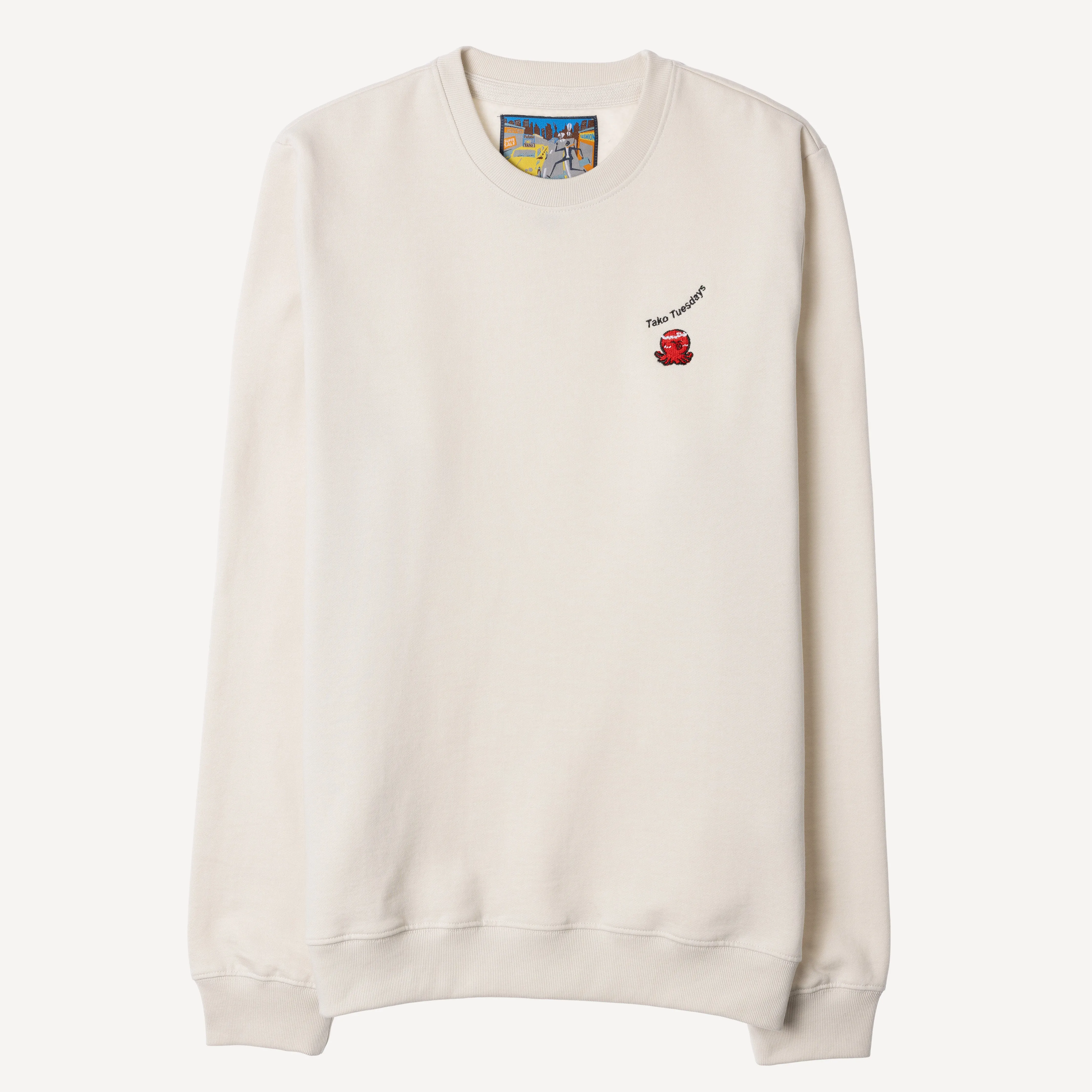 Crewneck Pullover Sweatshirt with Embroidered Icon - White Onyx / Tako Tuesdays