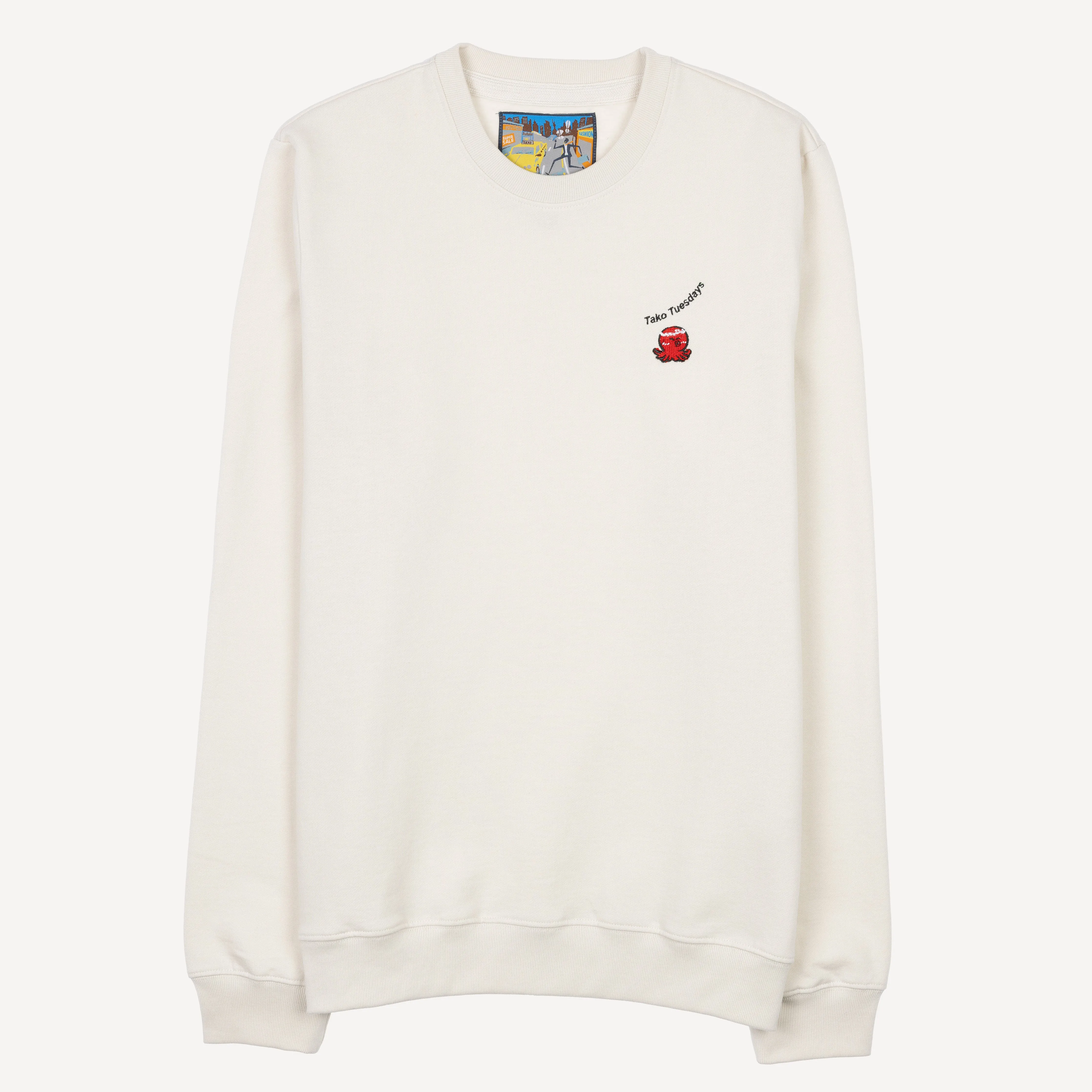 Crewneck Pullover Sweatshirt with Embroidered Icon - White Onyx / Tako Tuesdays