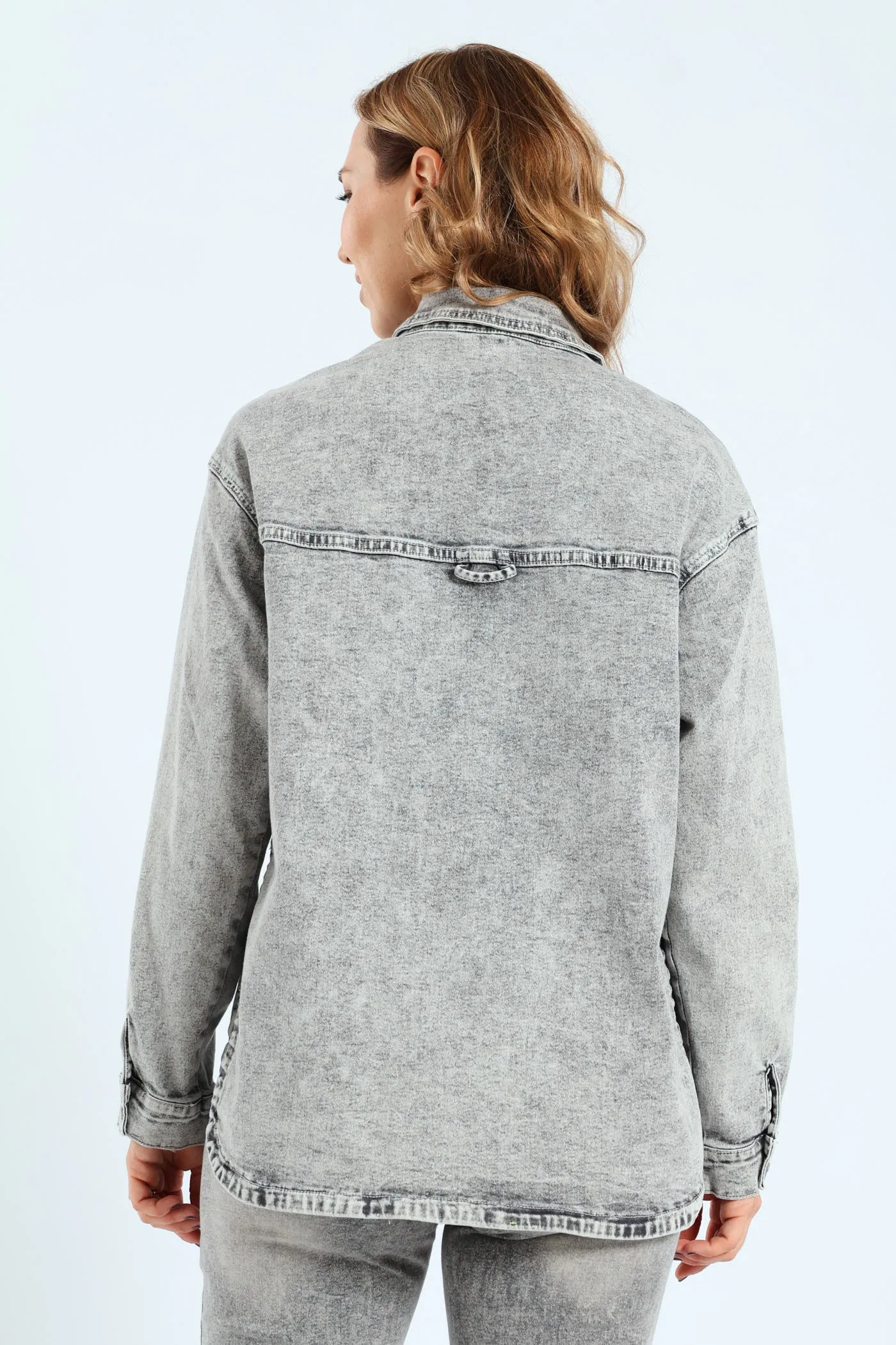 Curved Hem Stretch Denim Shacket - Salty Grey