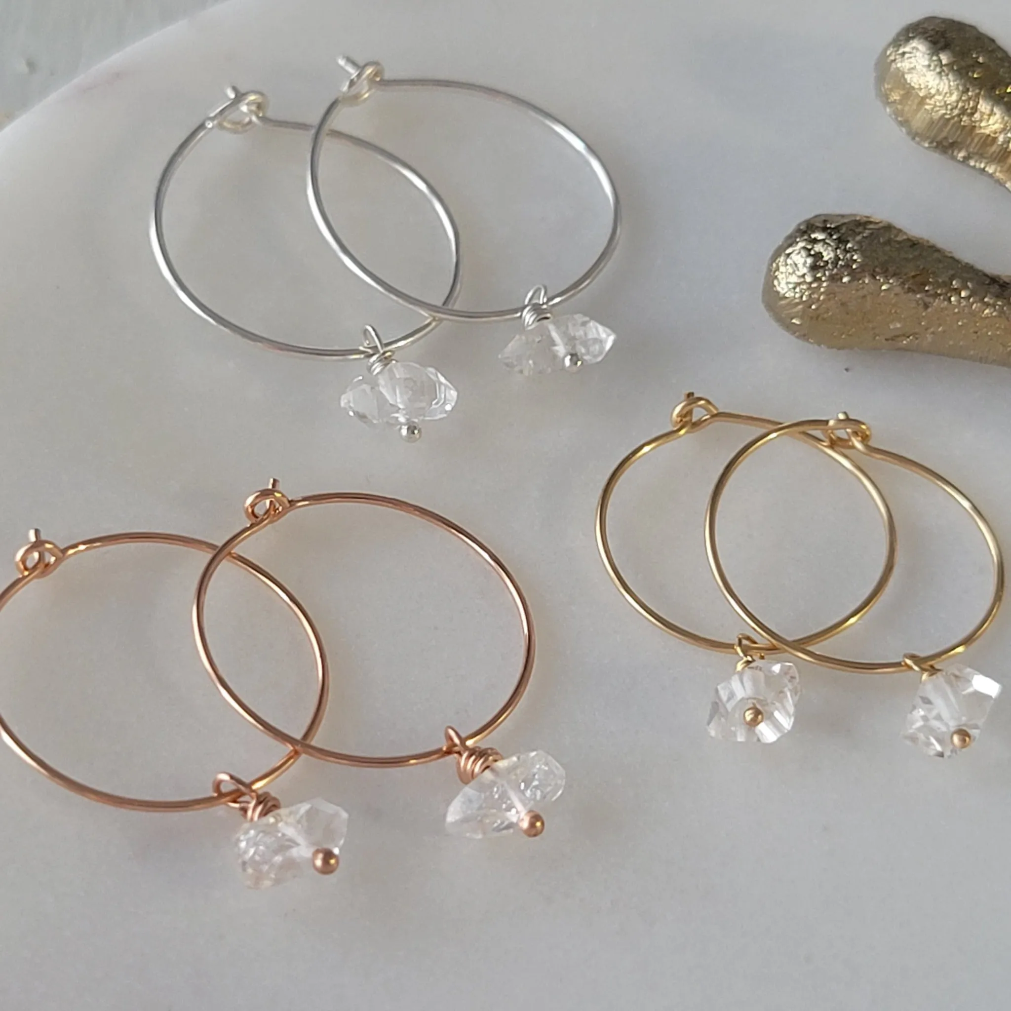 CZ Diamond Drop or Herkimer Diamond Hoop Earrings - Sterling, Gold, or Rose Gold
