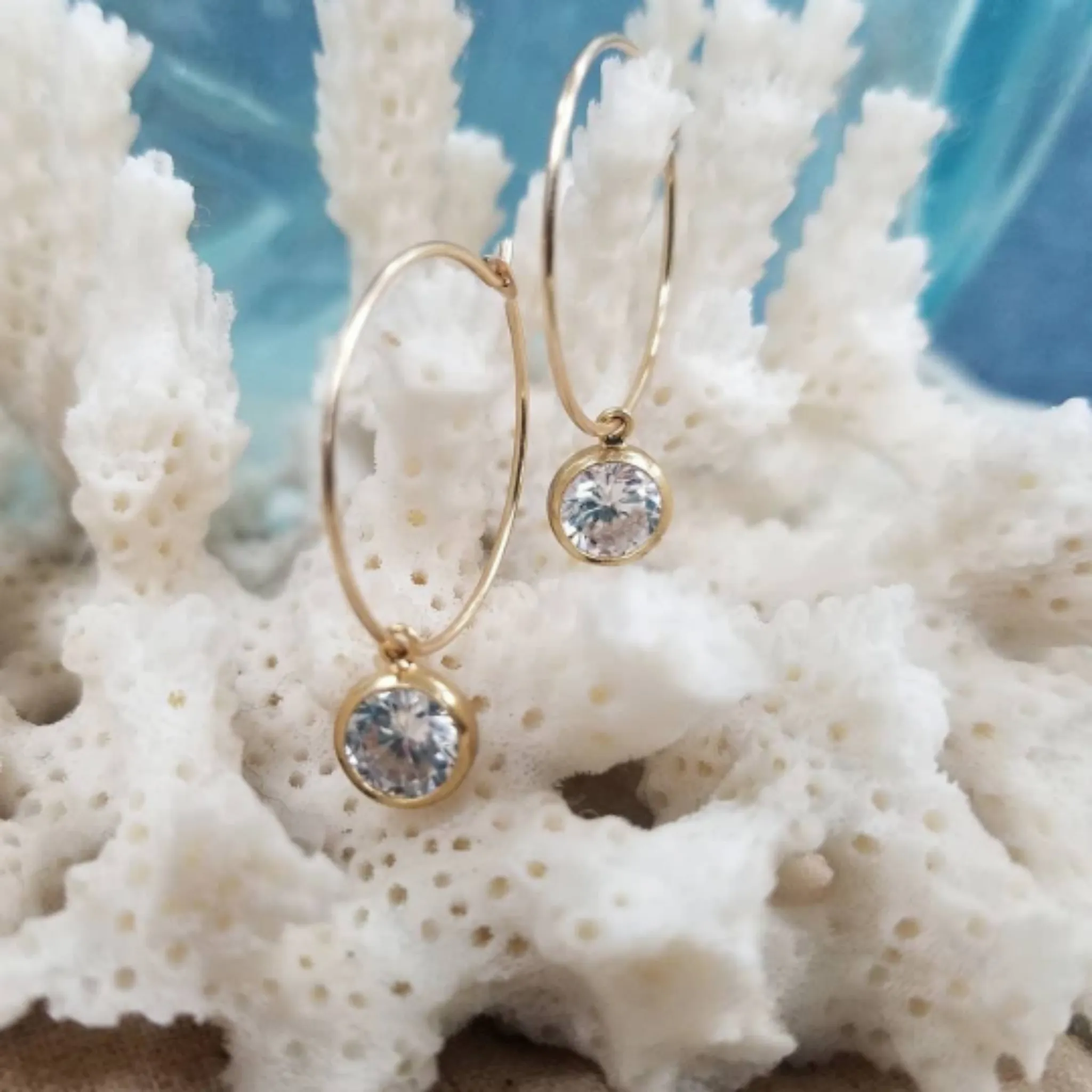 CZ Diamond Drop or Herkimer Diamond Hoop Earrings - Sterling, Gold, or Rose Gold