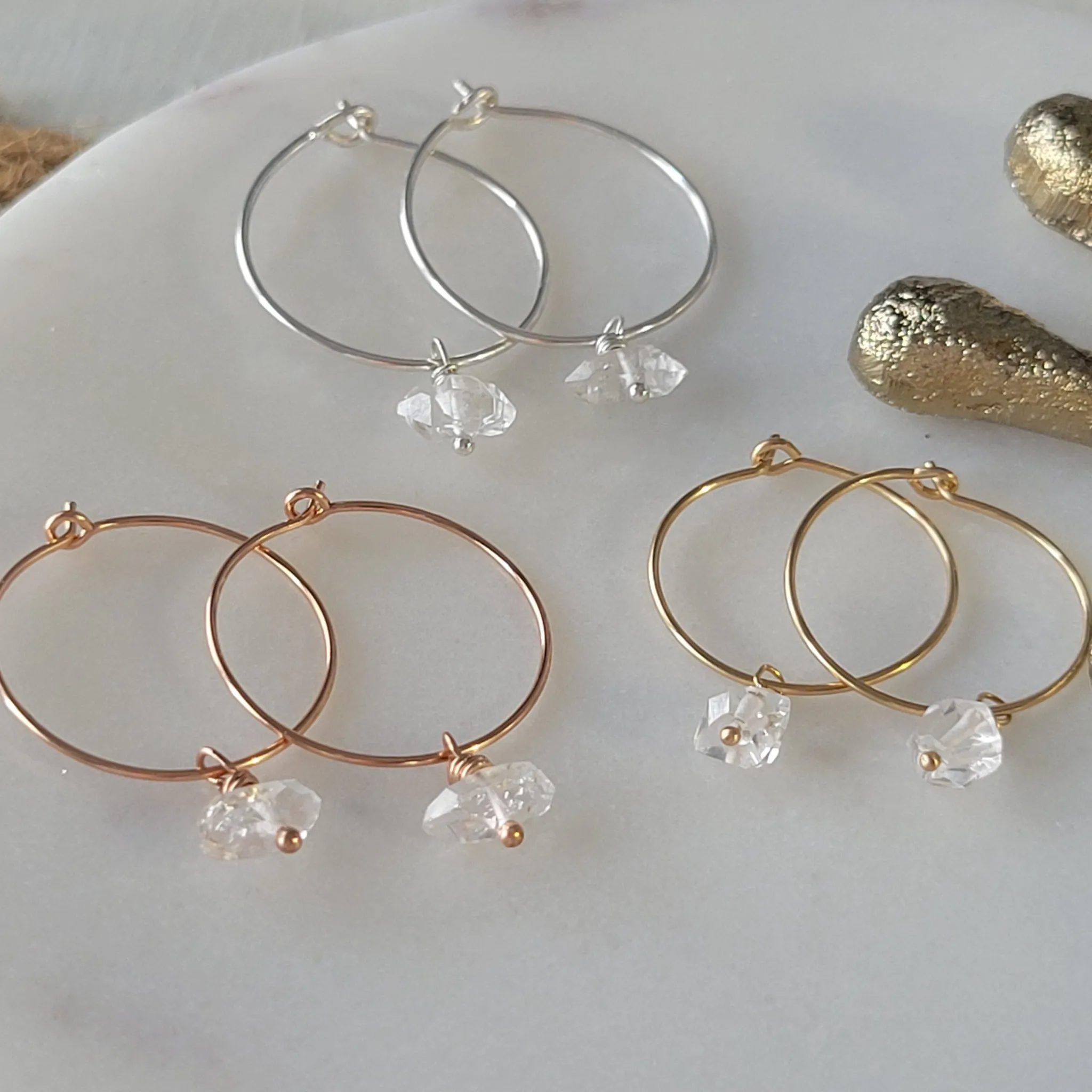 CZ Diamond Drop or Herkimer Diamond Hoop Earrings - Sterling, Gold, or Rose Gold