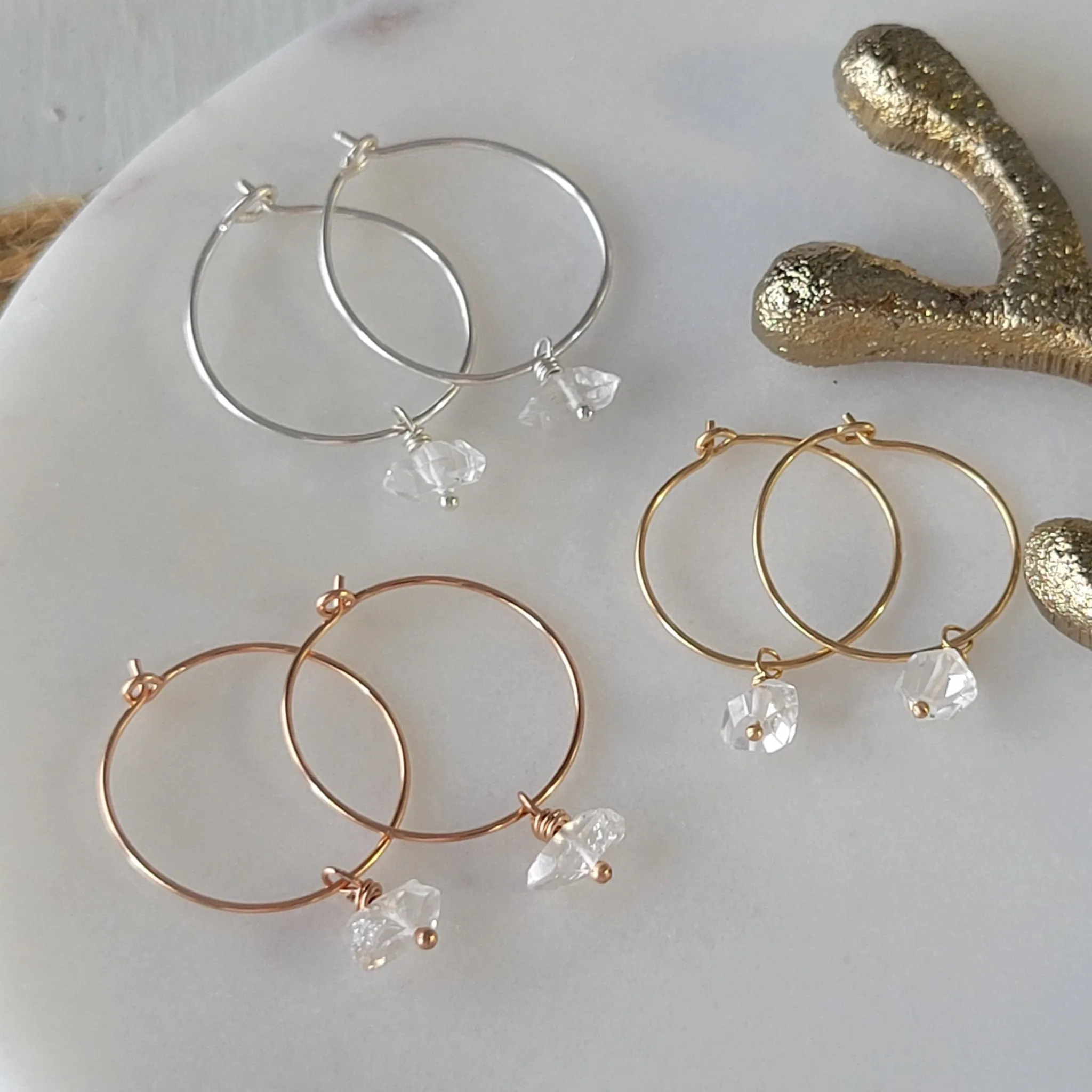CZ Diamond Drop or Herkimer Diamond Hoop Earrings - Sterling, Gold, or Rose Gold