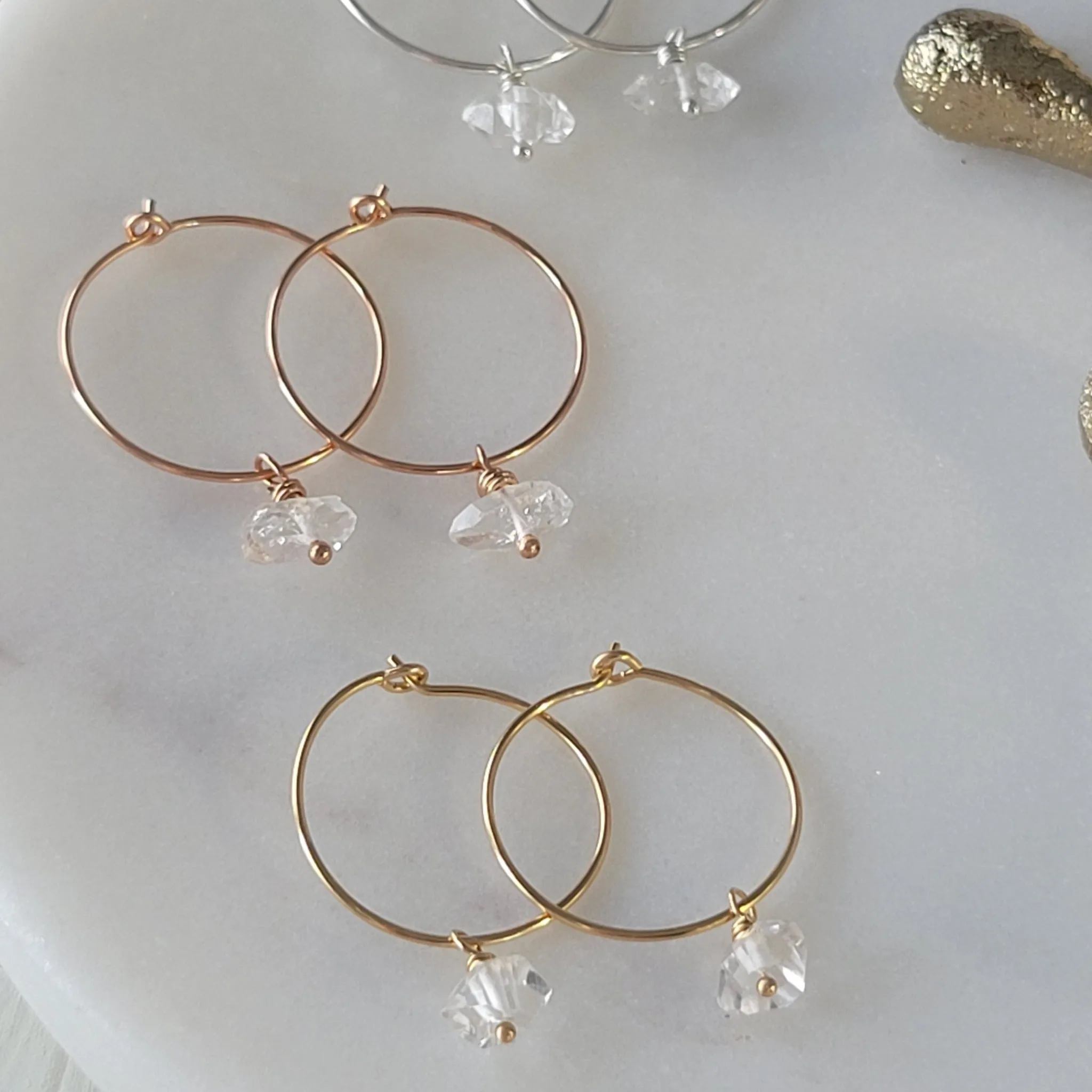 CZ Diamond Drop or Herkimer Diamond Hoop Earrings - Sterling, Gold, or Rose Gold