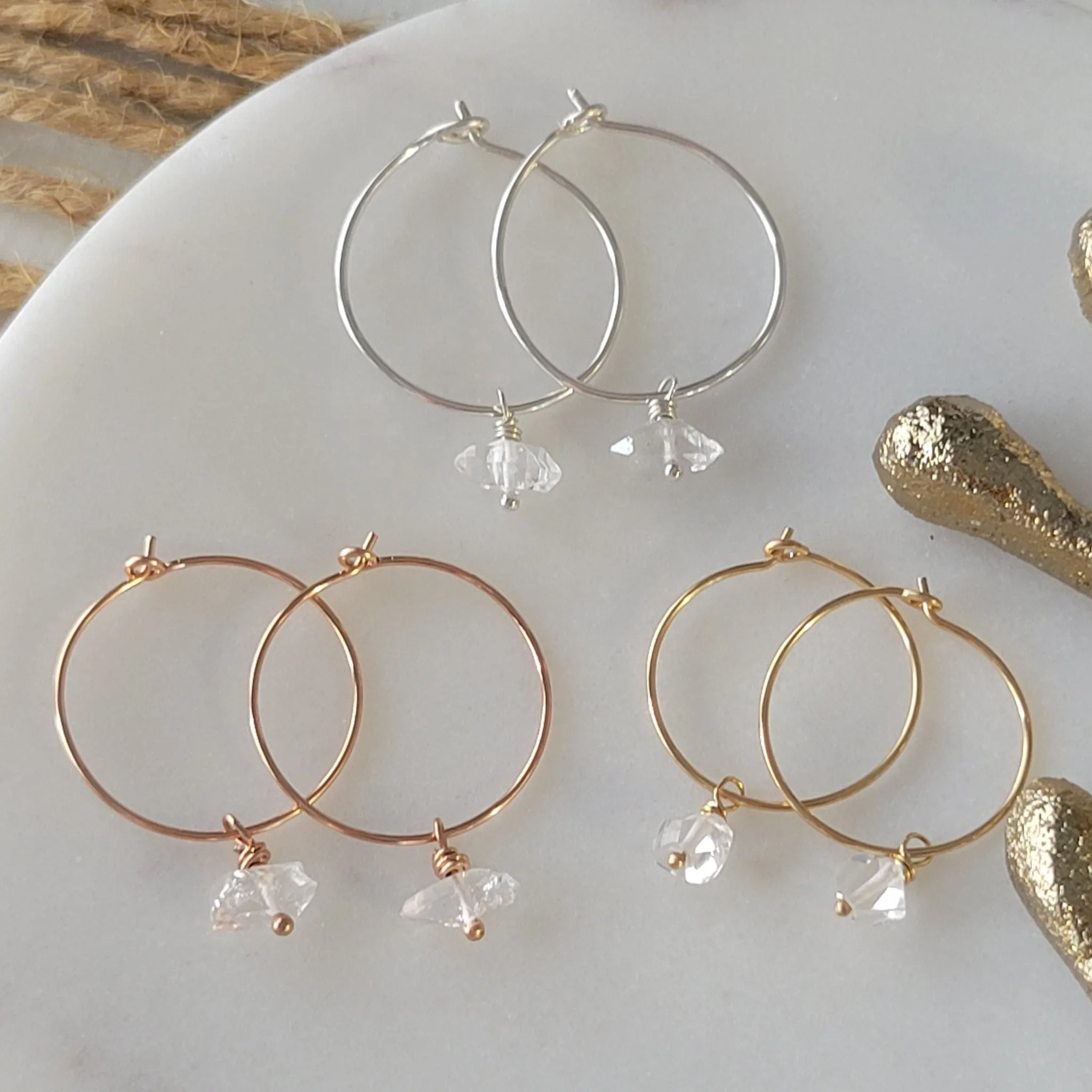 CZ Diamond Drop or Herkimer Diamond Hoop Earrings - Sterling, Gold, or Rose Gold