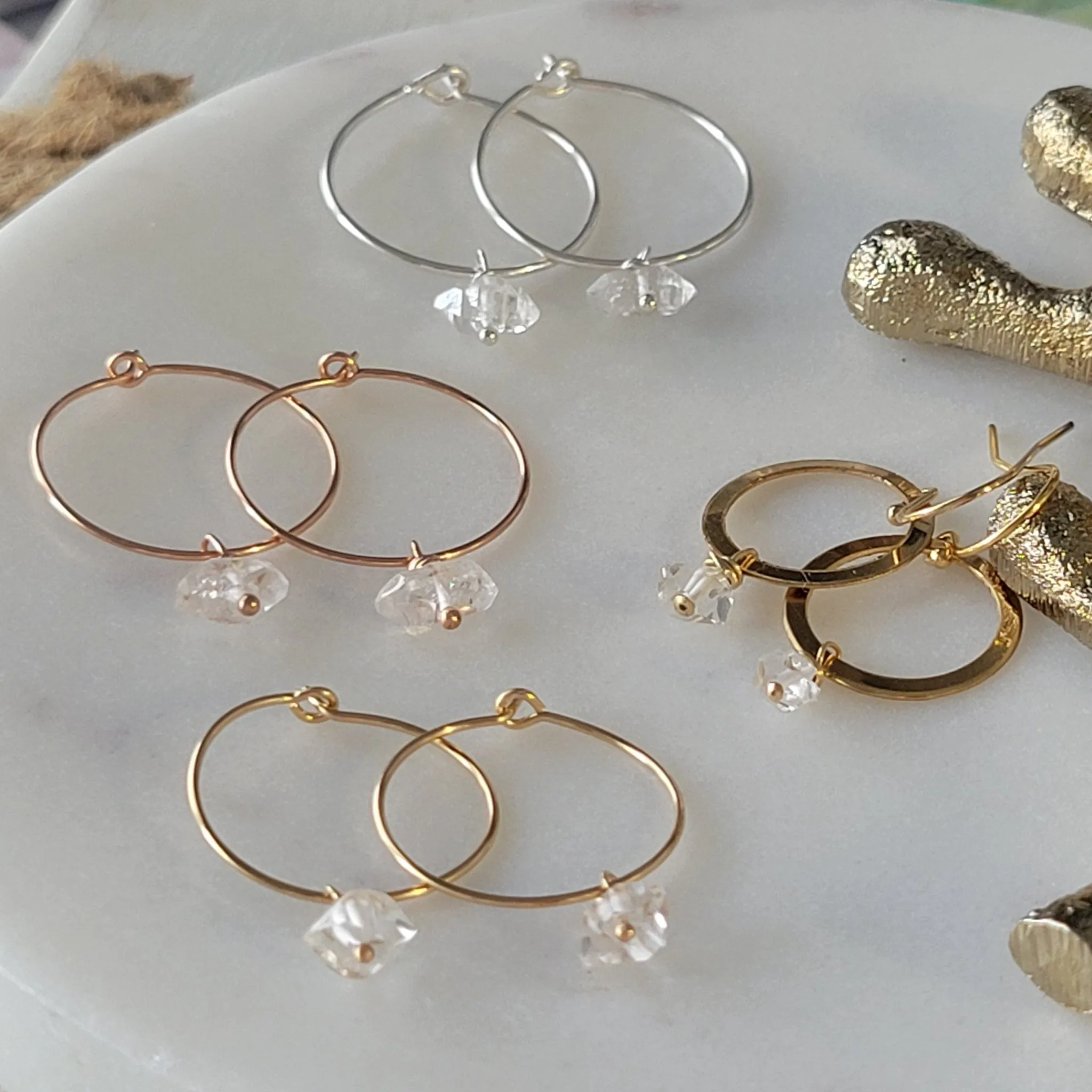CZ Diamond Drop or Herkimer Diamond Hoop Earrings - Sterling, Gold, or Rose Gold