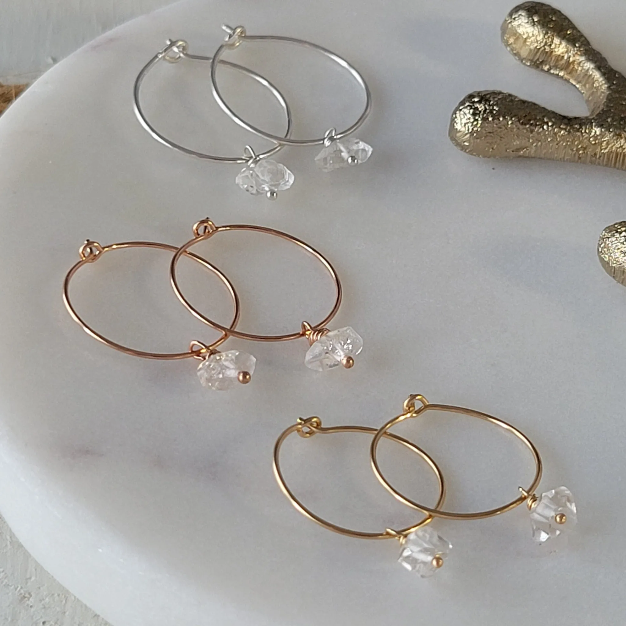 CZ Diamond Drop or Herkimer Diamond Hoop Earrings - Sterling, Gold, or Rose Gold