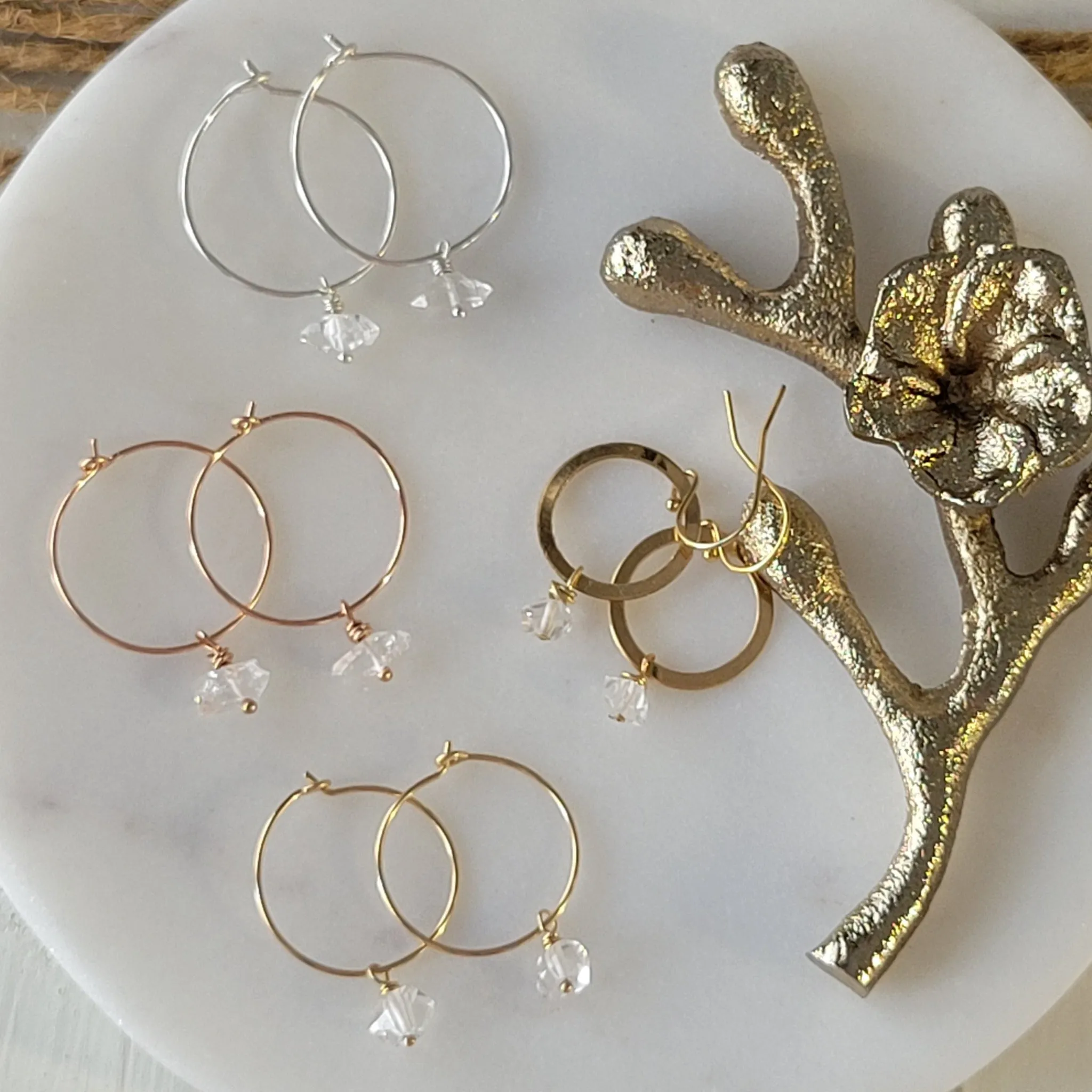 CZ Diamond Drop or Herkimer Diamond Hoop Earrings - Sterling, Gold, or Rose Gold