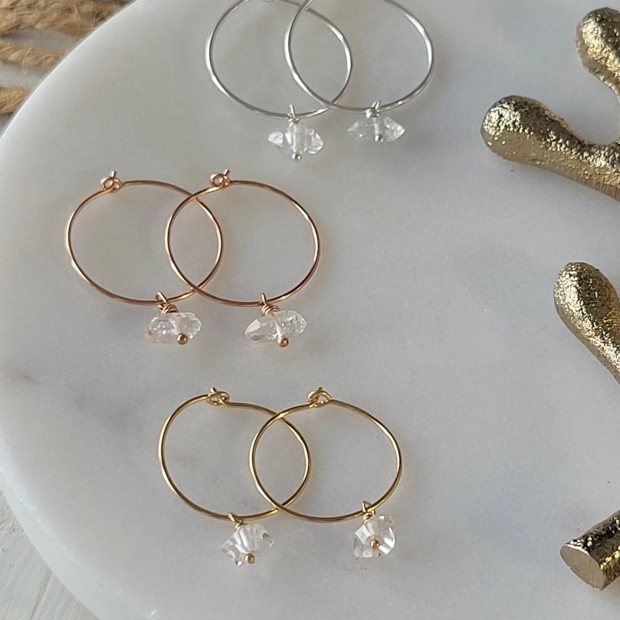 CZ Diamond Drop or Herkimer Diamond Hoop Earrings - Sterling, Gold, or Rose Gold