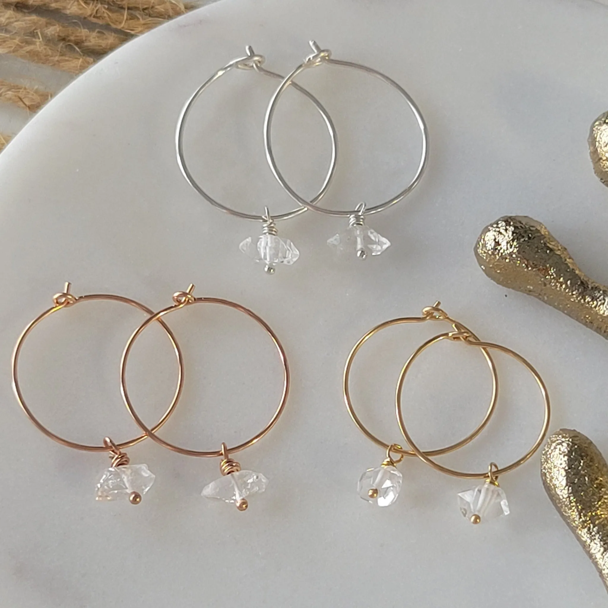 CZ Diamond Drop or Herkimer Diamond Hoop Earrings - Sterling, Gold, or Rose Gold