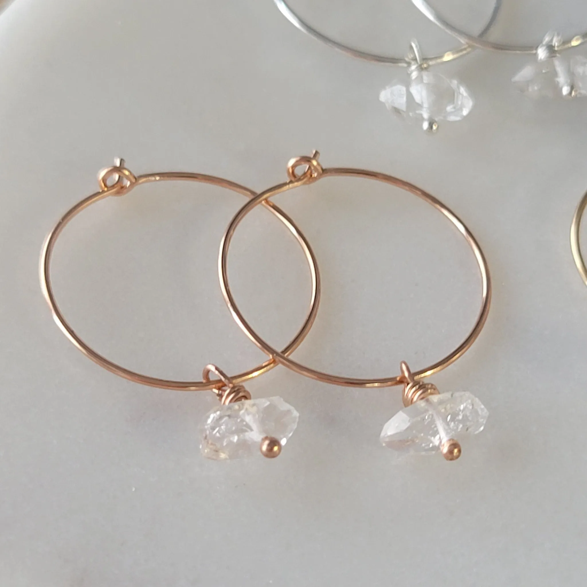 CZ Diamond Drop or Herkimer Diamond Hoop Earrings - Sterling, Gold, or Rose Gold