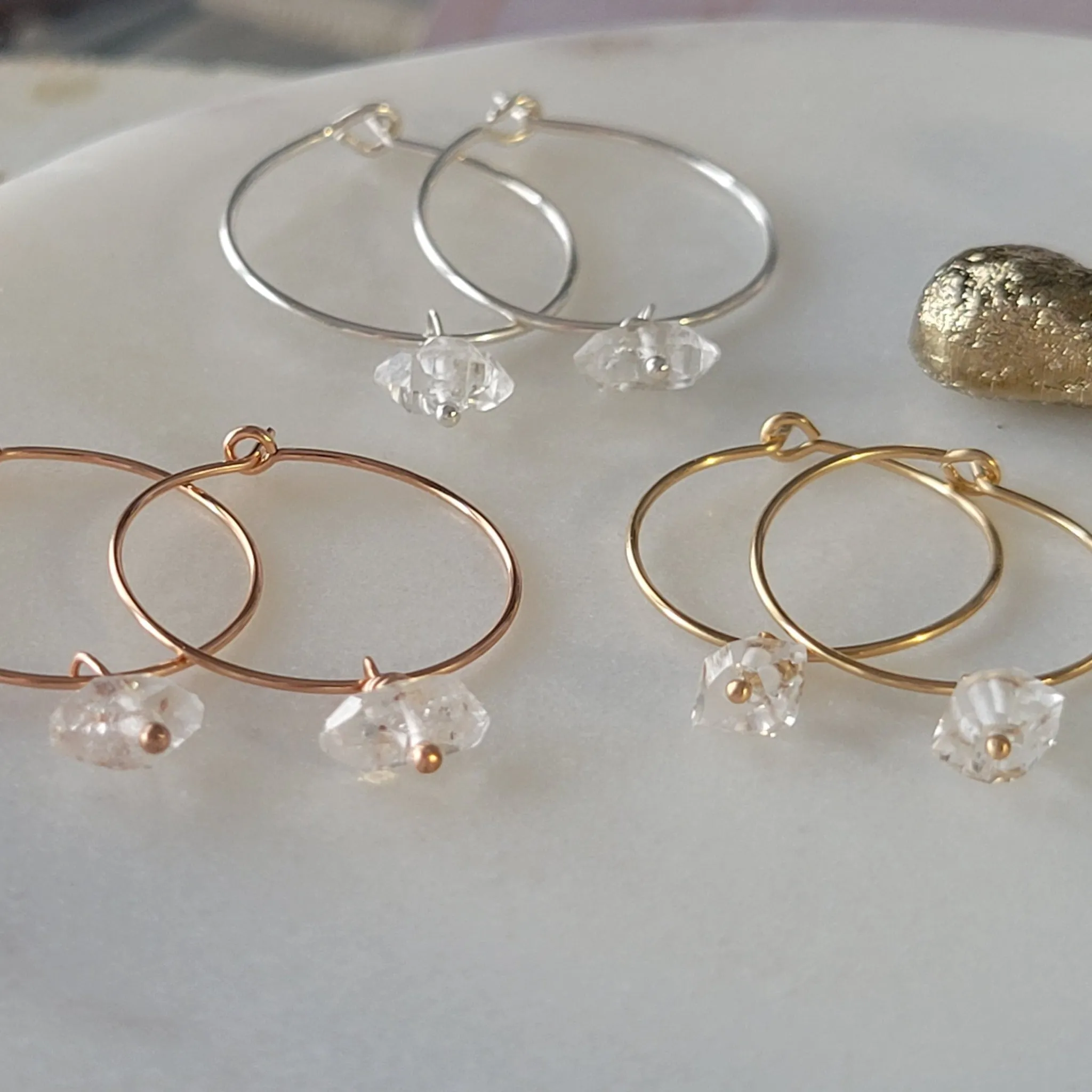 CZ Diamond Drop or Herkimer Diamond Hoop Earrings - Sterling, Gold, or Rose Gold