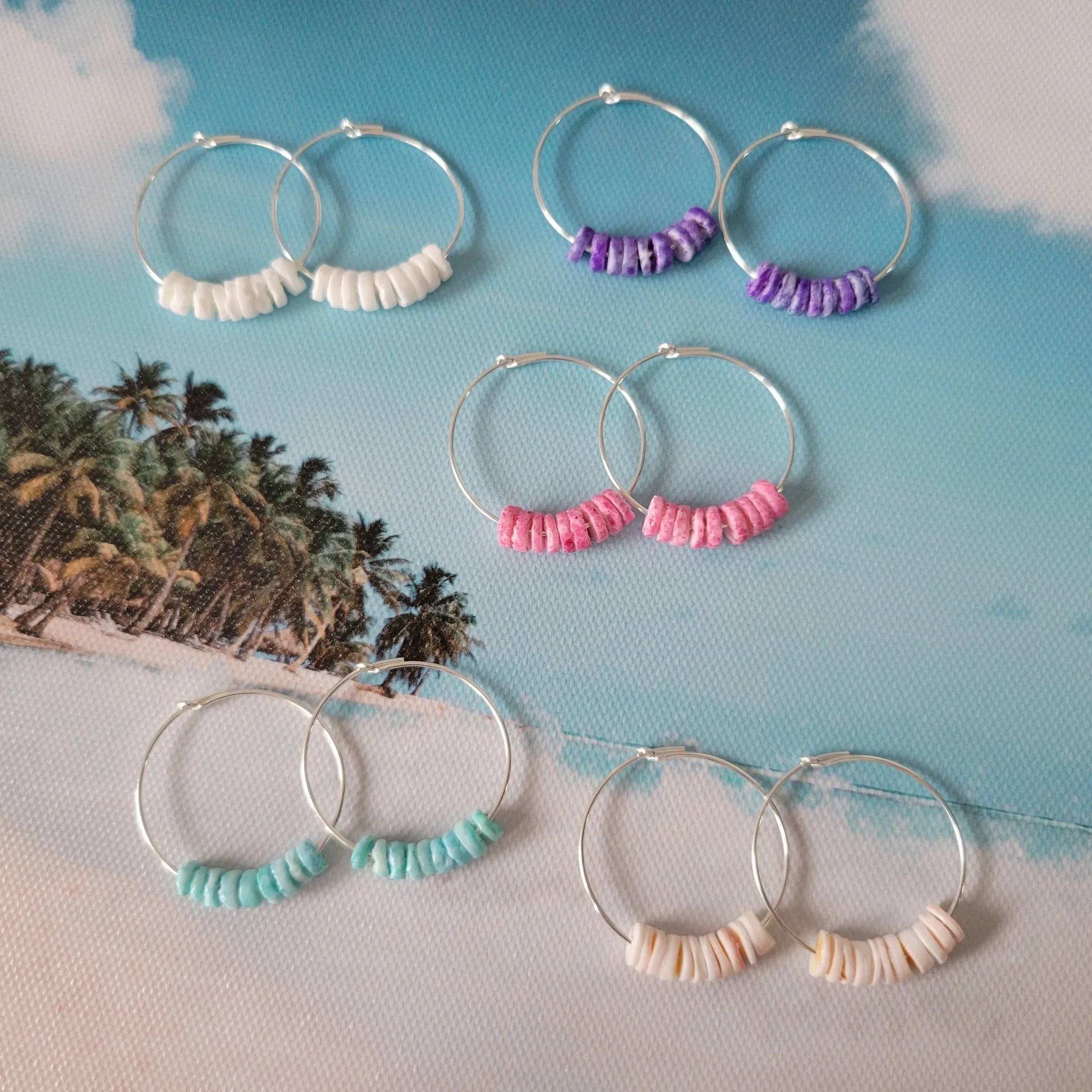Dainty Heishi Shell Hoop Earrings - Sterling, Gold, or Rose Gold