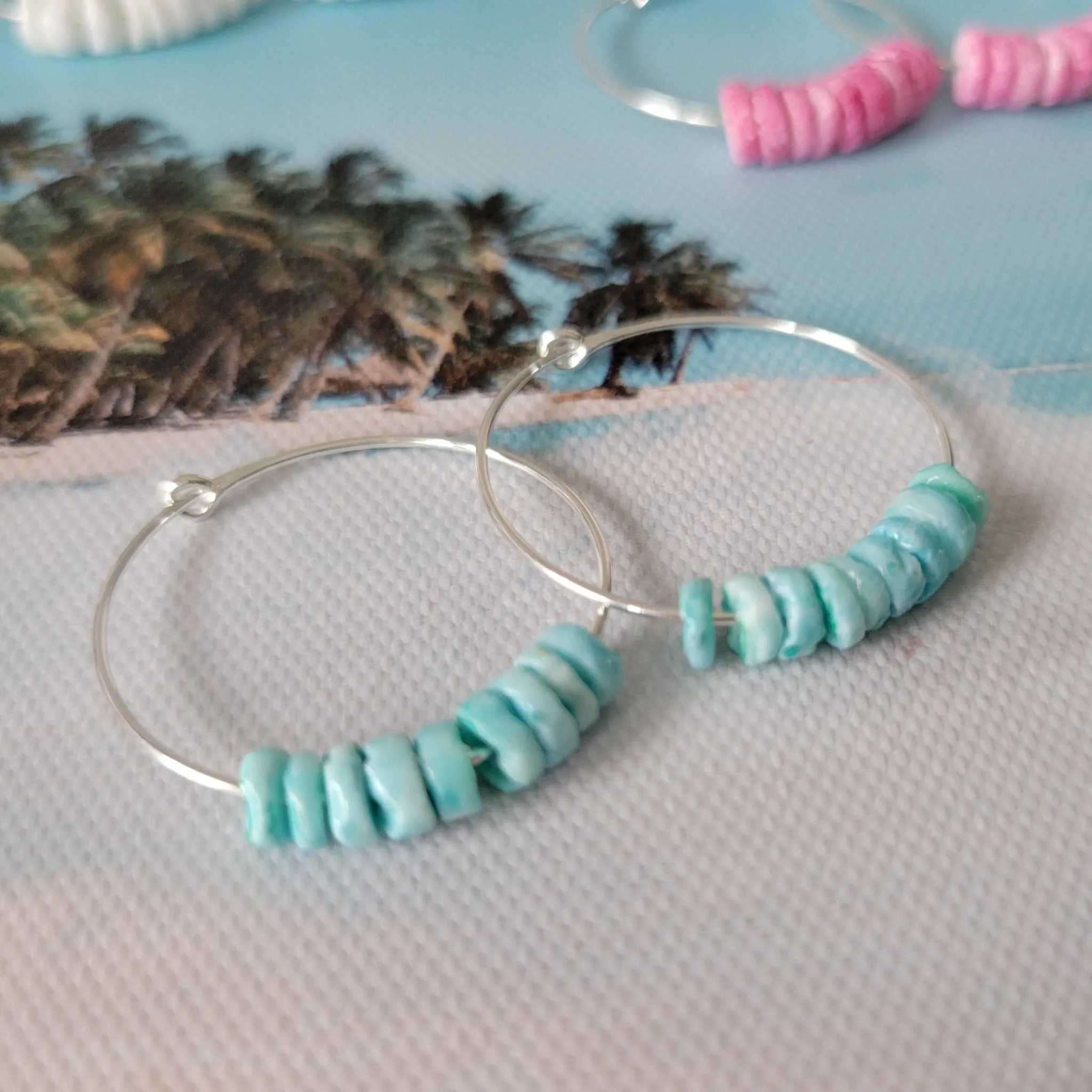 Dainty Heishi Shell Hoop Earrings - Sterling, Gold, or Rose Gold