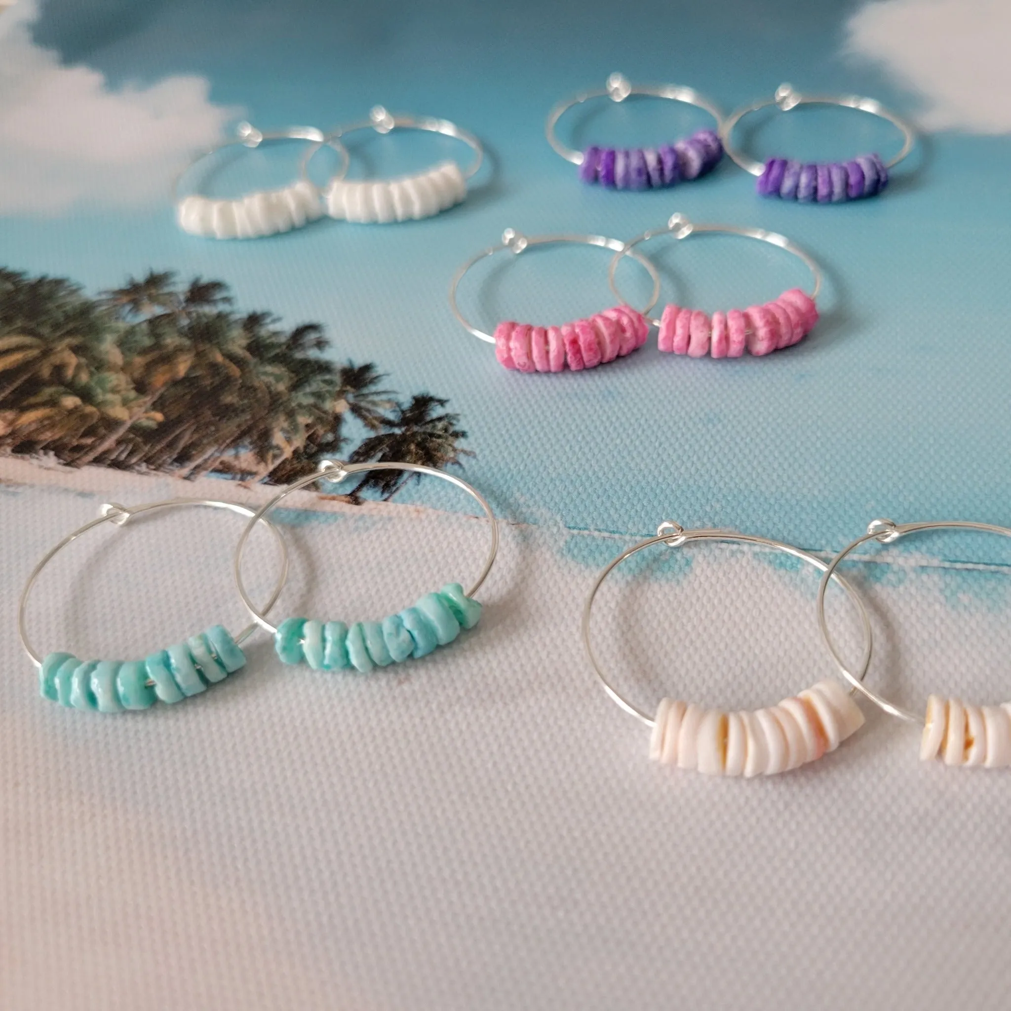 Dainty Heishi Shell Hoop Earrings - Sterling, Gold, or Rose Gold