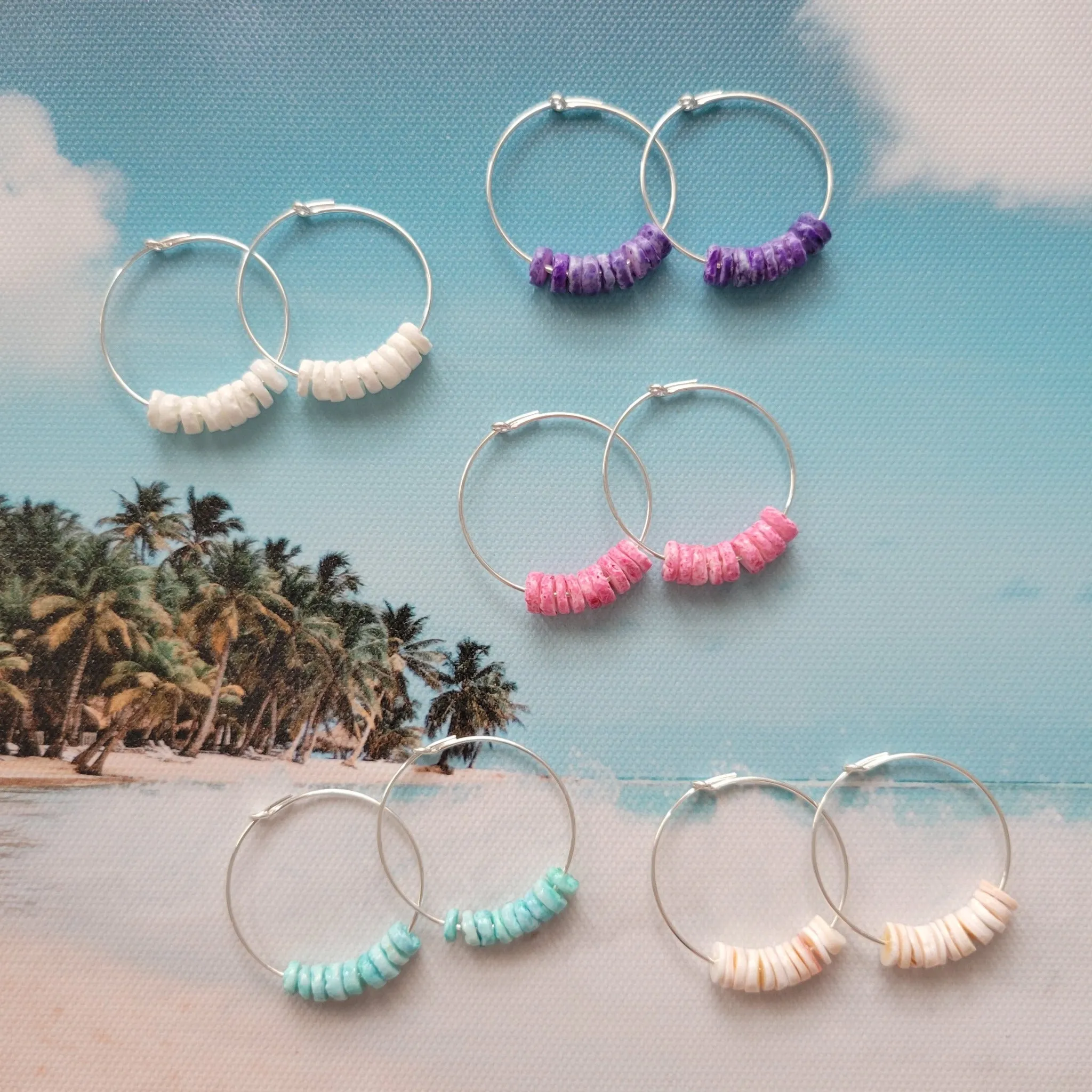 Dainty Heishi Shell Hoop Earrings - Sterling, Gold, or Rose Gold