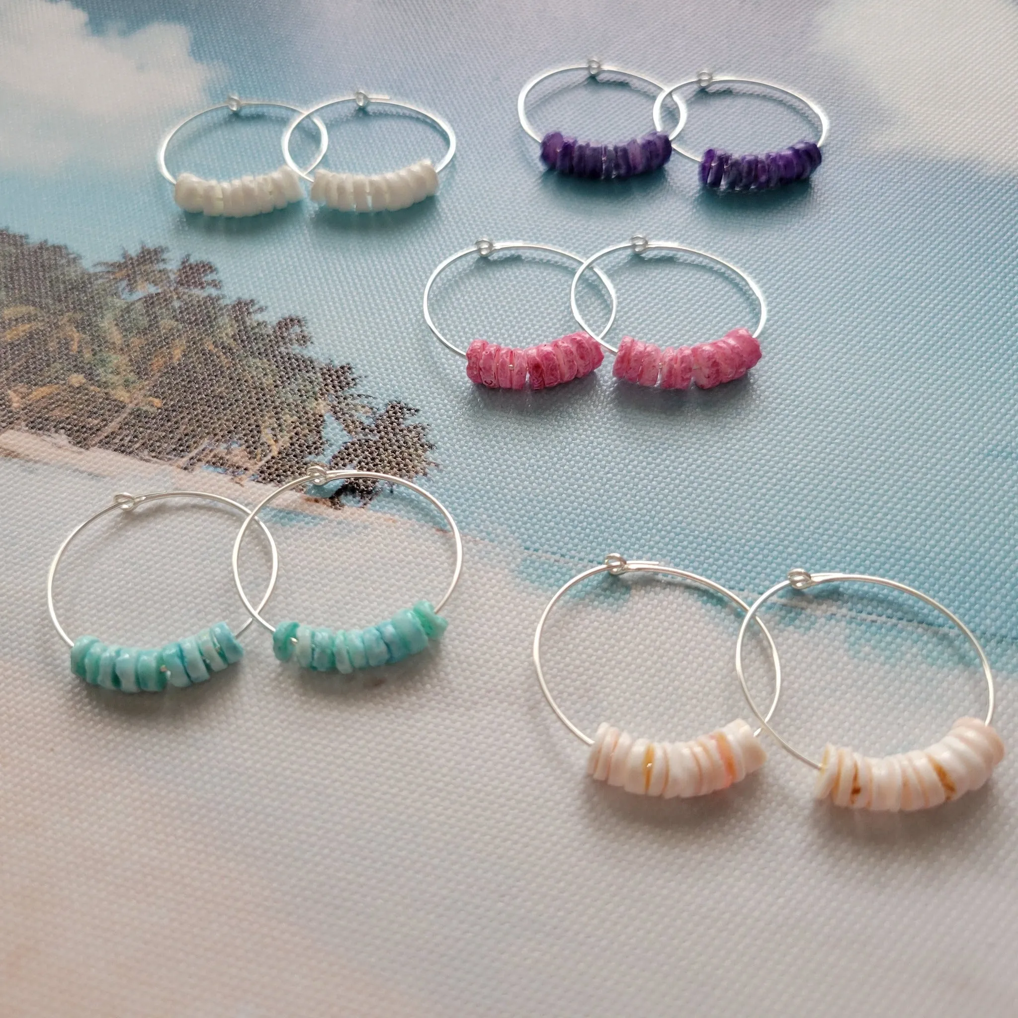 Dainty Heishi Shell Hoop Earrings - Sterling, Gold, or Rose Gold