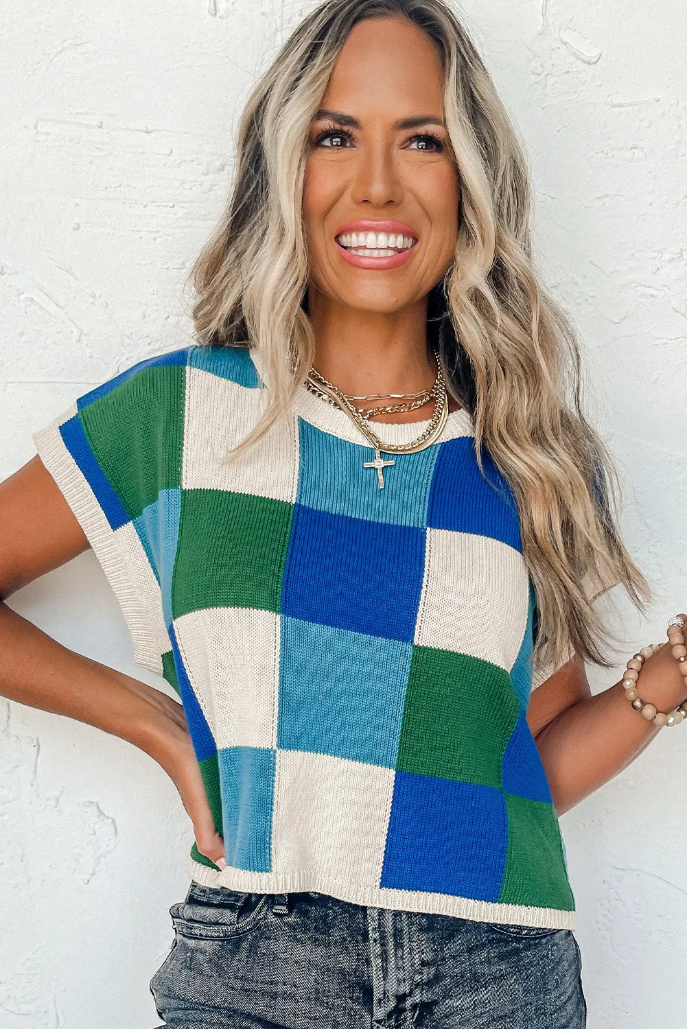 Dark Blue Check The Facts Color Block Sweater-Green