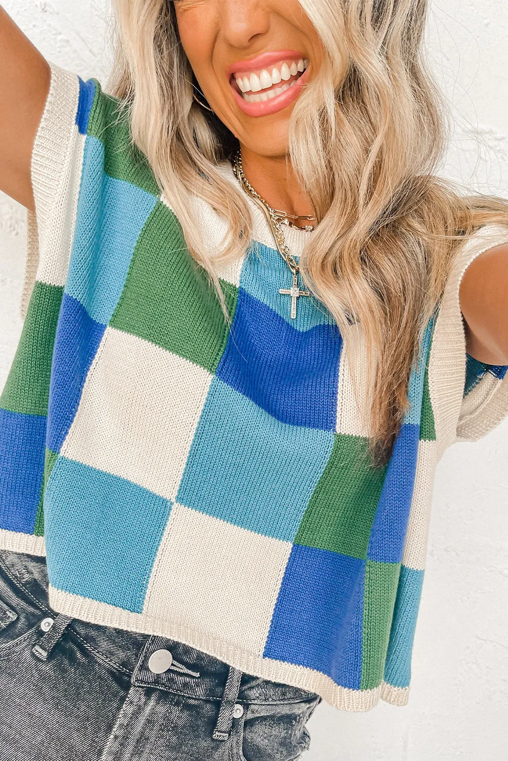 Dark Blue Check The Facts Color Block Sweater-Green