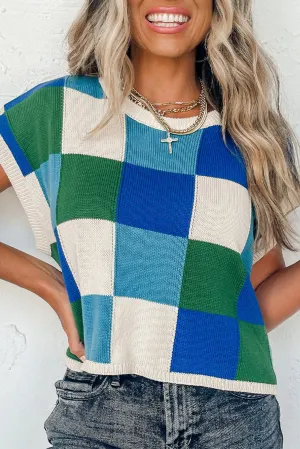 Dark Blue Check The Facts Color Block Sweater-Green