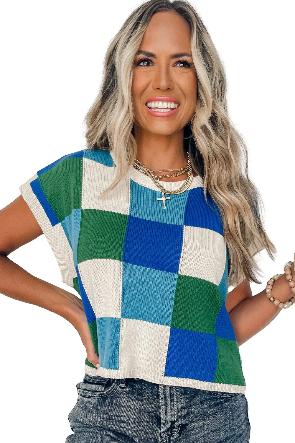 Dark Blue Check The Facts Color Block Sweater-Green