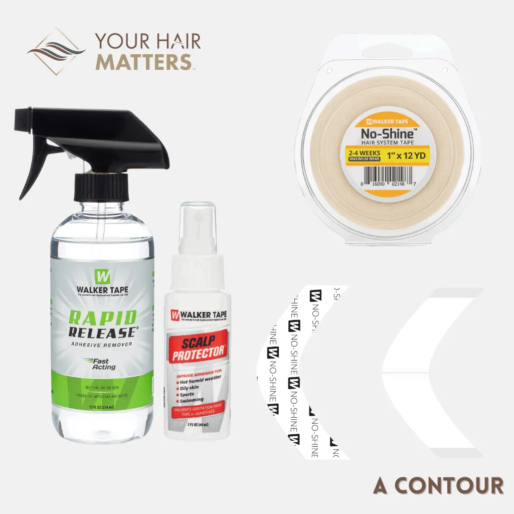 EASY INSTALL KIT *PLUS* - For Hair System 2-4 WEEK WEAR with TAPE ROLL, 36 CONTOUR STRIPS, RAPID RELEASE SOLVENT, AND SCALP PROTECTOR (WALKER)