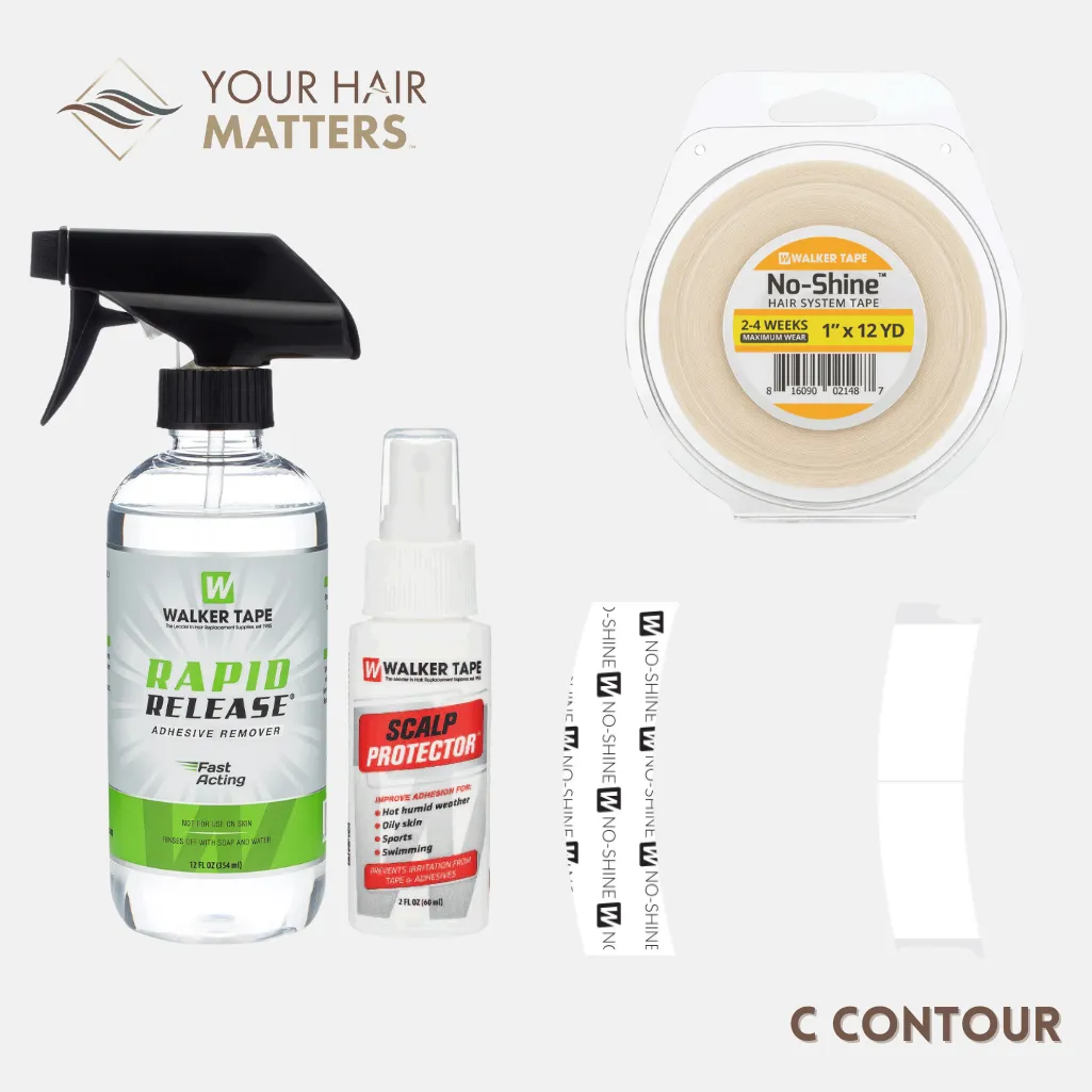 EASY INSTALL KIT *PLUS* - For Hair System 2-4 WEEK WEAR with TAPE ROLL, 36 CONTOUR STRIPS, RAPID RELEASE SOLVENT, AND SCALP PROTECTOR (WALKER)
