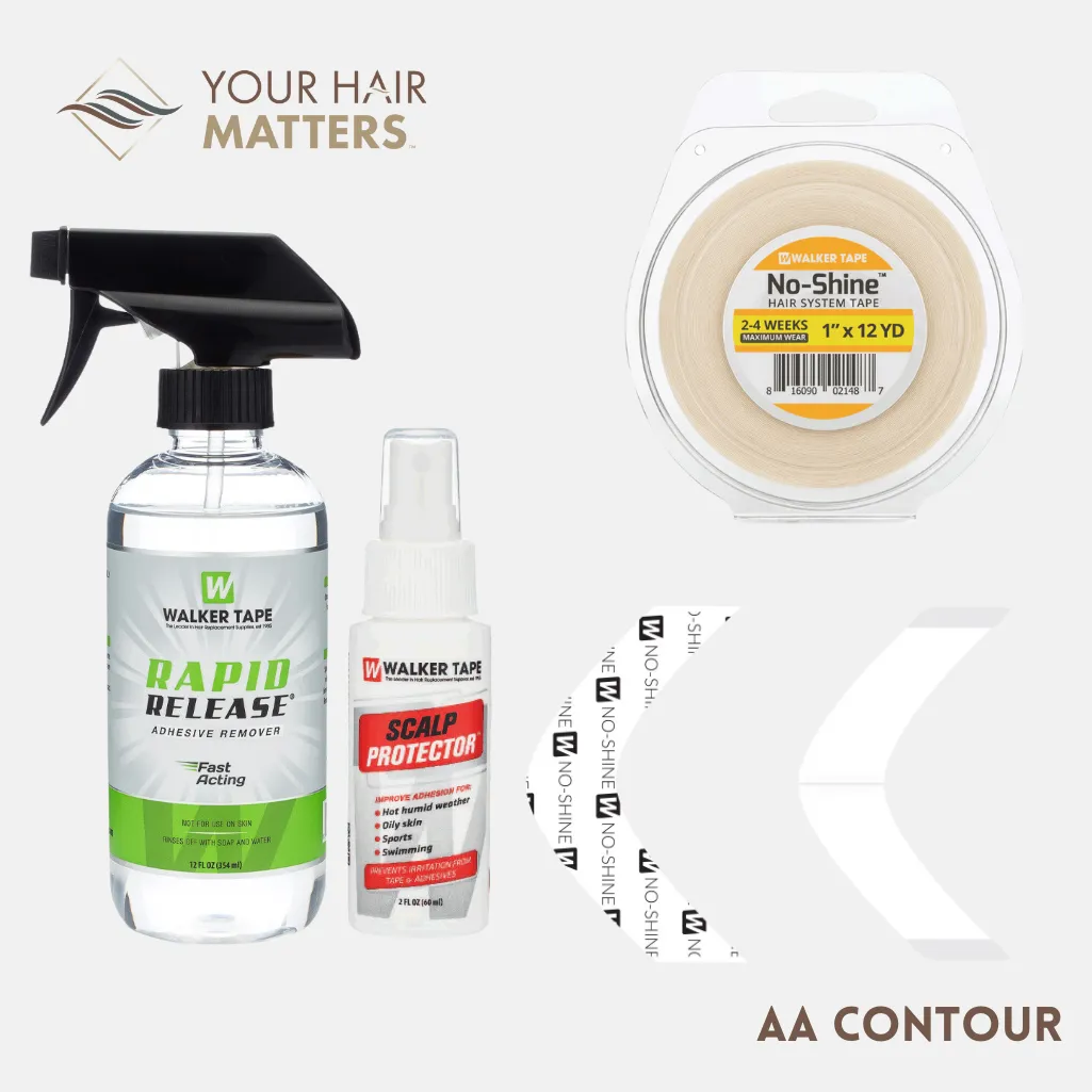 EASY INSTALL KIT *PLUS* - For Hair System 2-4 WEEK WEAR with TAPE ROLL, 36 CONTOUR STRIPS, RAPID RELEASE SOLVENT, AND SCALP PROTECTOR (WALKER)