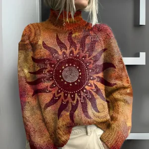 ELSPETH - WARM KNITTED TURTLENECK SWEATER WITH TRIBAL SUN MOTIF