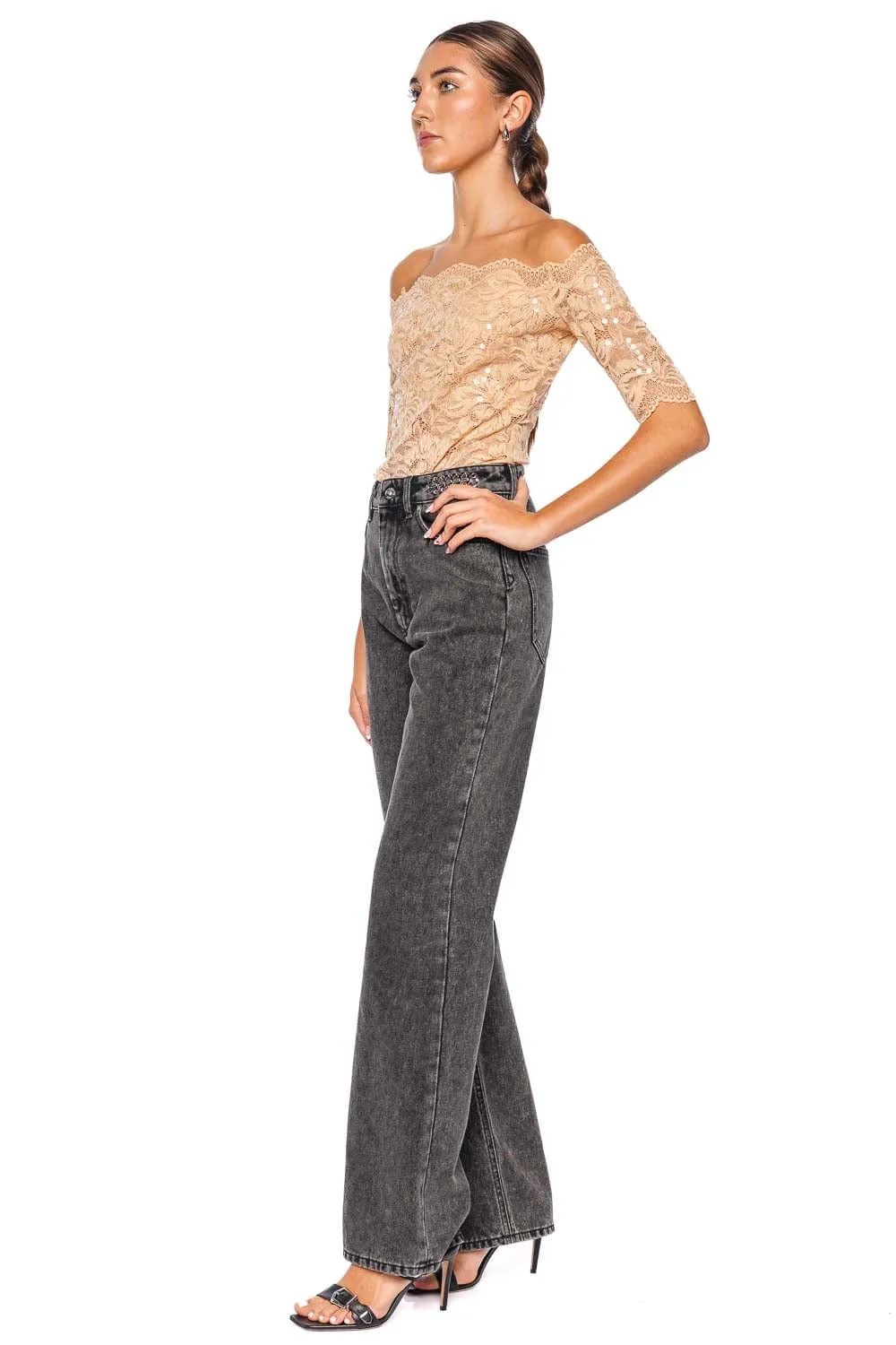 Embellished Tab Straight Leg Jean