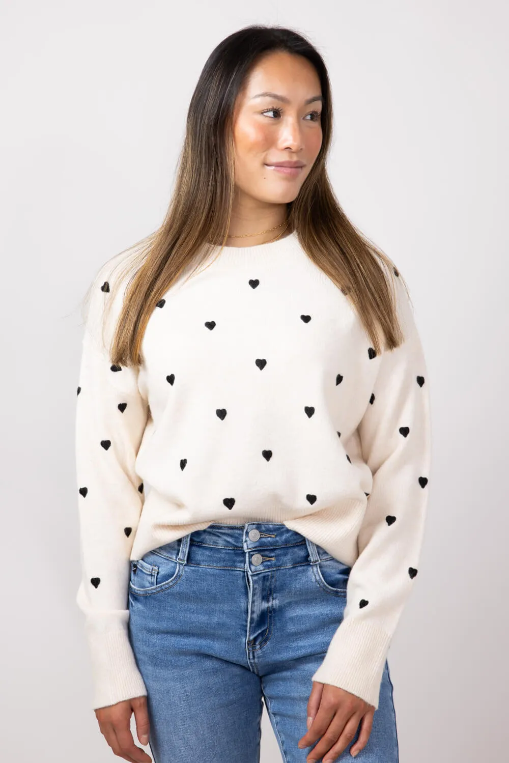 Embroidered Hearts Sweater for Women in Cream/Black | MAS2624-CRMBLK