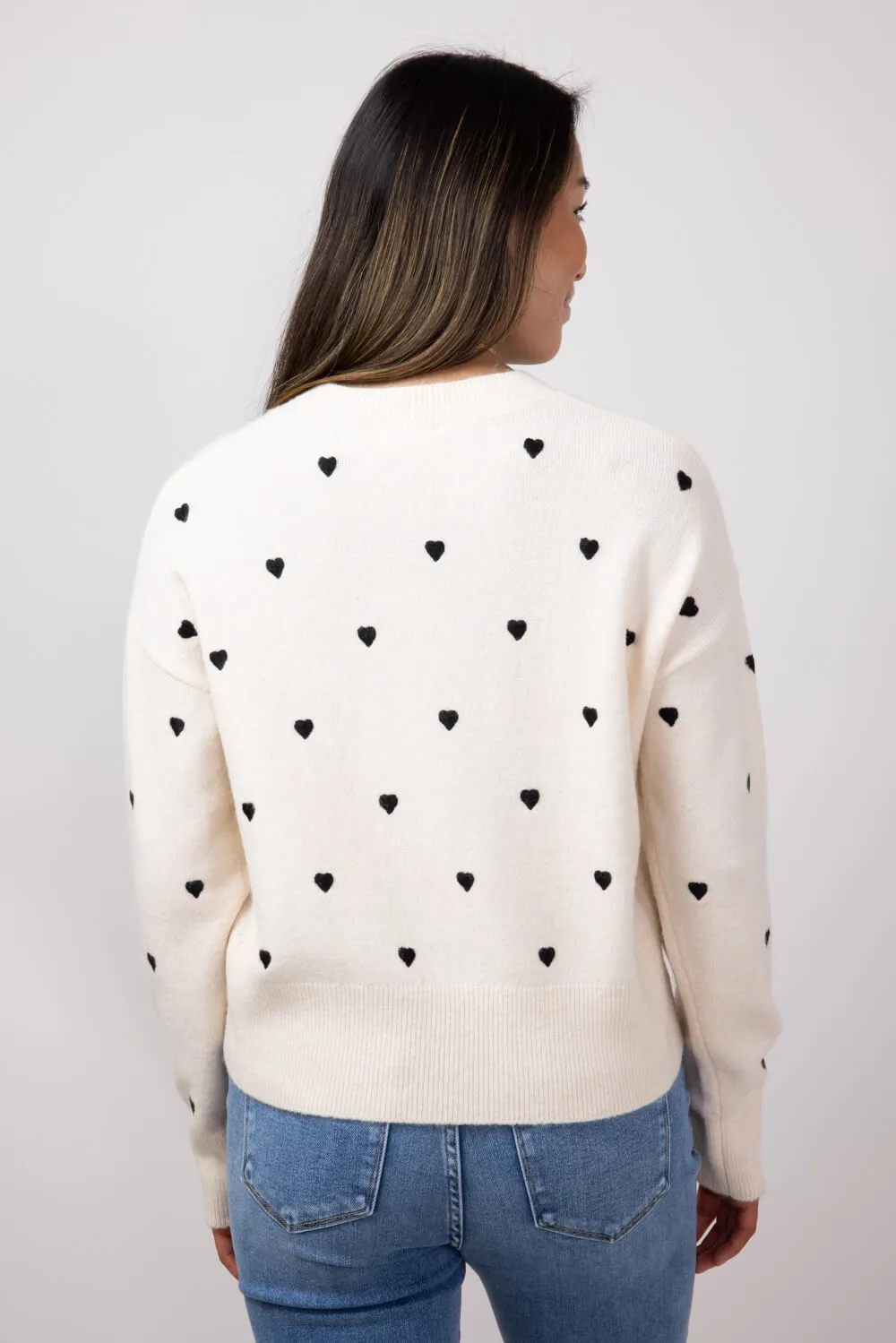 Embroidered Hearts Sweater for Women in Cream/Black | MAS2624-CRMBLK