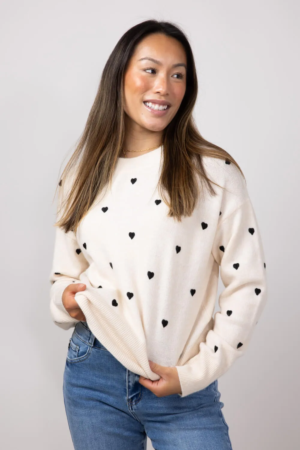 Embroidered Hearts Sweater for Women in Cream/Black | MAS2624-CRMBLK