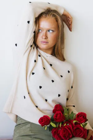 Embroidered Hearts Sweater for Women in Cream/Black | MAS2624-CRMBLK