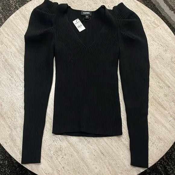EXPRESS V-Neck Puff Sleeve Sweater Size Small Black Ribbed Long Sleeve NEW