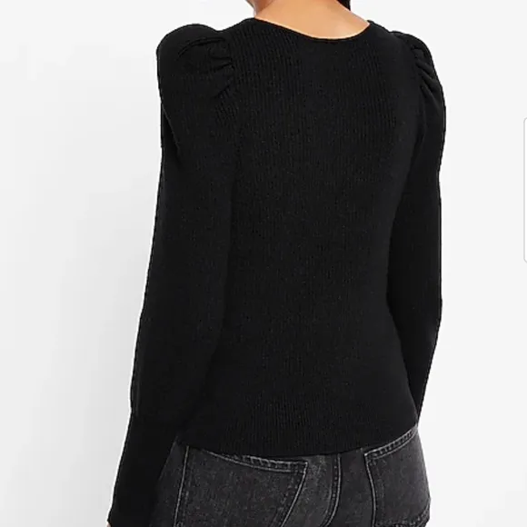 EXPRESS V-Neck Puff Sleeve Sweater Size Small Black Ribbed Long Sleeve NEW