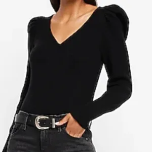 EXPRESS V-Neck Puff Sleeve Sweater Size Small Black Ribbed Long Sleeve NEW