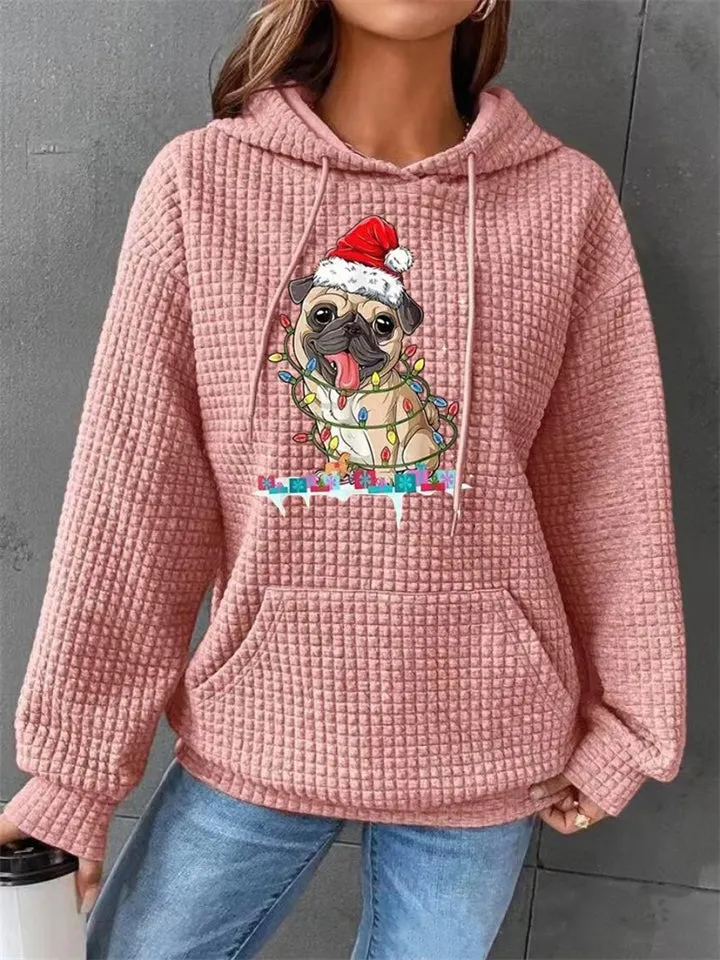 Female Waffle Leisure Cute Pug Print Long Sleeve Hoodies