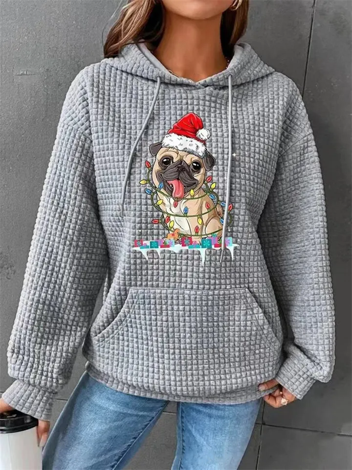 Female Waffle Leisure Cute Pug Print Long Sleeve Hoodies