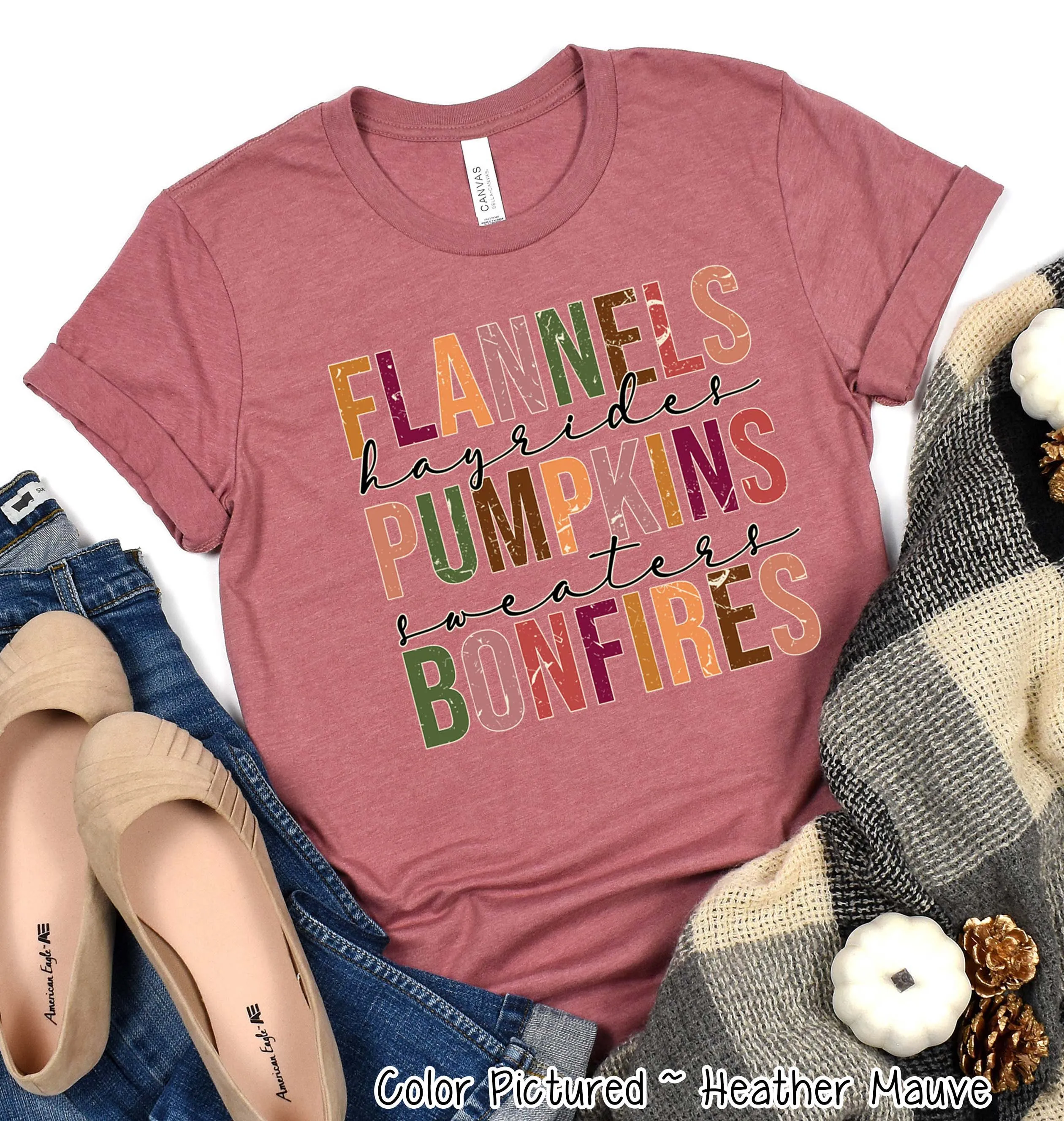 Flannels Hayrides Pumpkins Sweaters Bonfires Fall Thanksgiving Tee