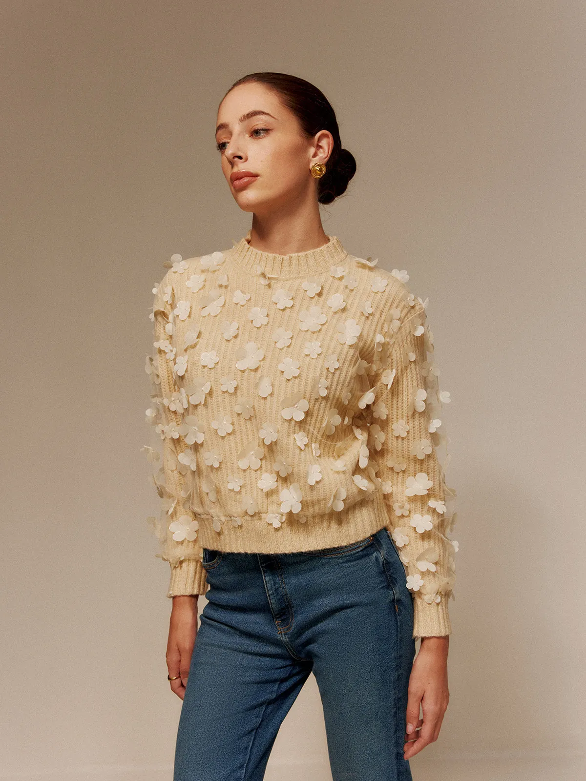 Floral-Decor Short Sweater