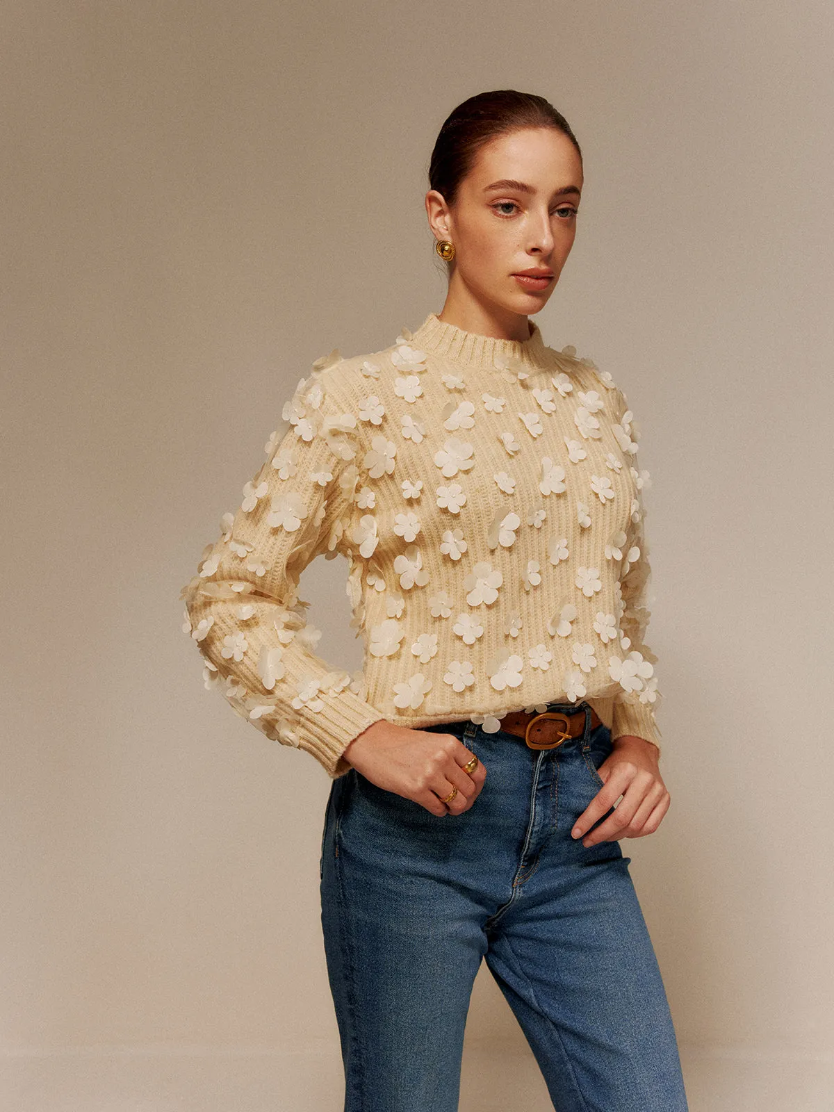 Floral-Decor Short Sweater