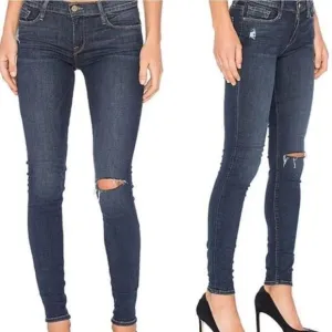 FRAME Denim Distressed 'Le Skinny de Jeanne' in Kings Hwy Medium Blue Jeans