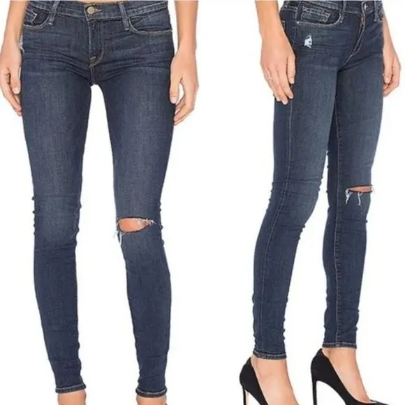 FRAME Denim Distressed 'Le Skinny de Jeanne' in Kings Hwy Medium Blue Jeans