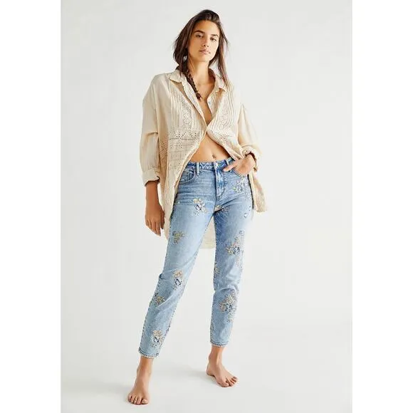 FREE PEOPLE x DRIFTWOOD GIZELLE JEANS EMBROIDERED BLUE DITZY GARDEN WOMEN Sz 27