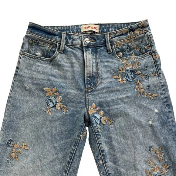 FREE PEOPLE x DRIFTWOOD GIZELLE JEANS EMBROIDERED BLUE DITZY GARDEN WOMEN Sz 27